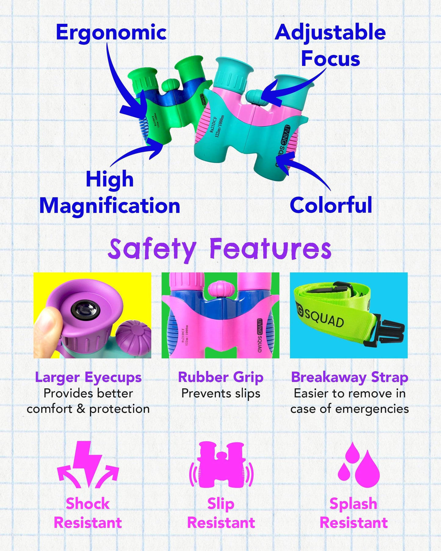 Living Squad - Prismáticos para niños, 8 x 21 Pulgadas, Color Azul, para niños de 3 a 12 años, a Prueba de Golpes, para niños con óptica de Alta resolución, Funda, Correa para el Cuello
