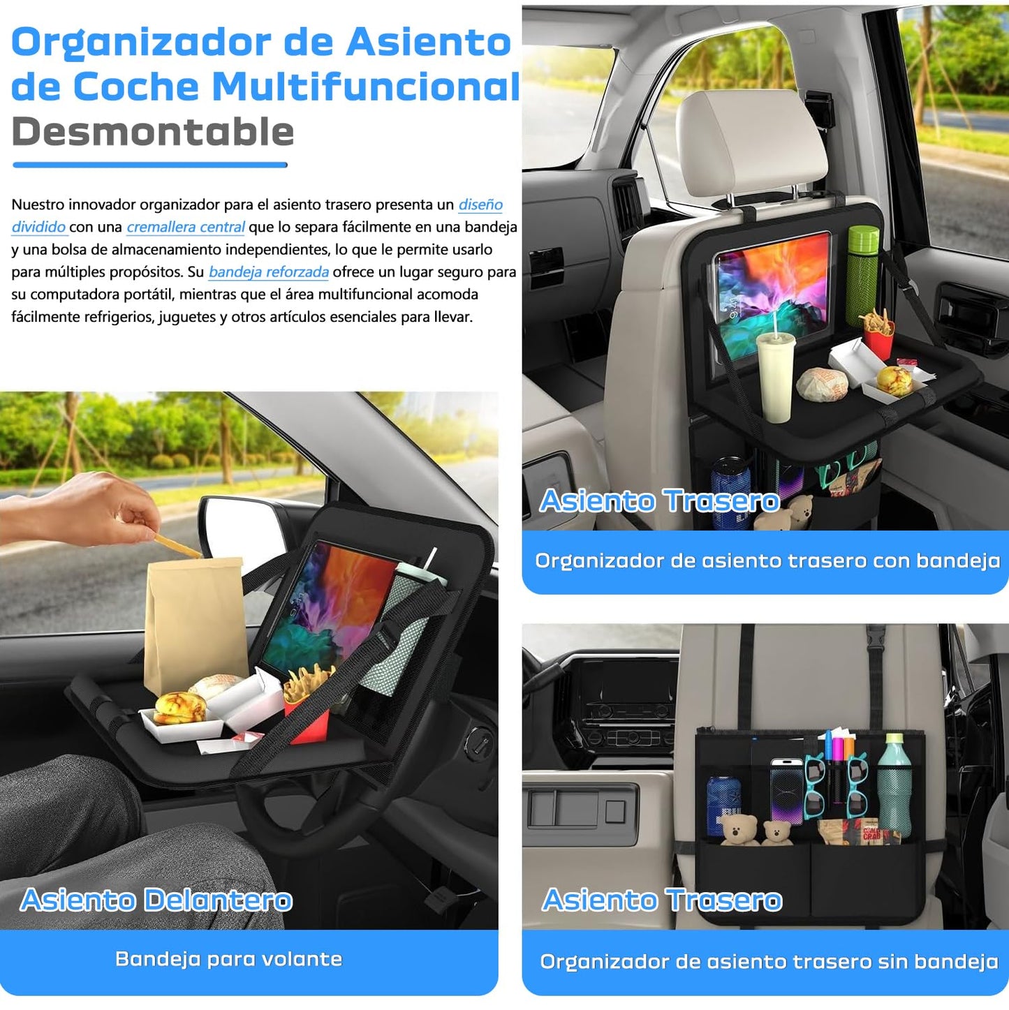 Organizador Asiento Trasero Auto con Bandeja, Bolsa de Almacenamiento para Asiento de Coche para Niños, Protector para Asiento Trasero Coche, Artículos Esenciales para Viajes Familiares por Carretera