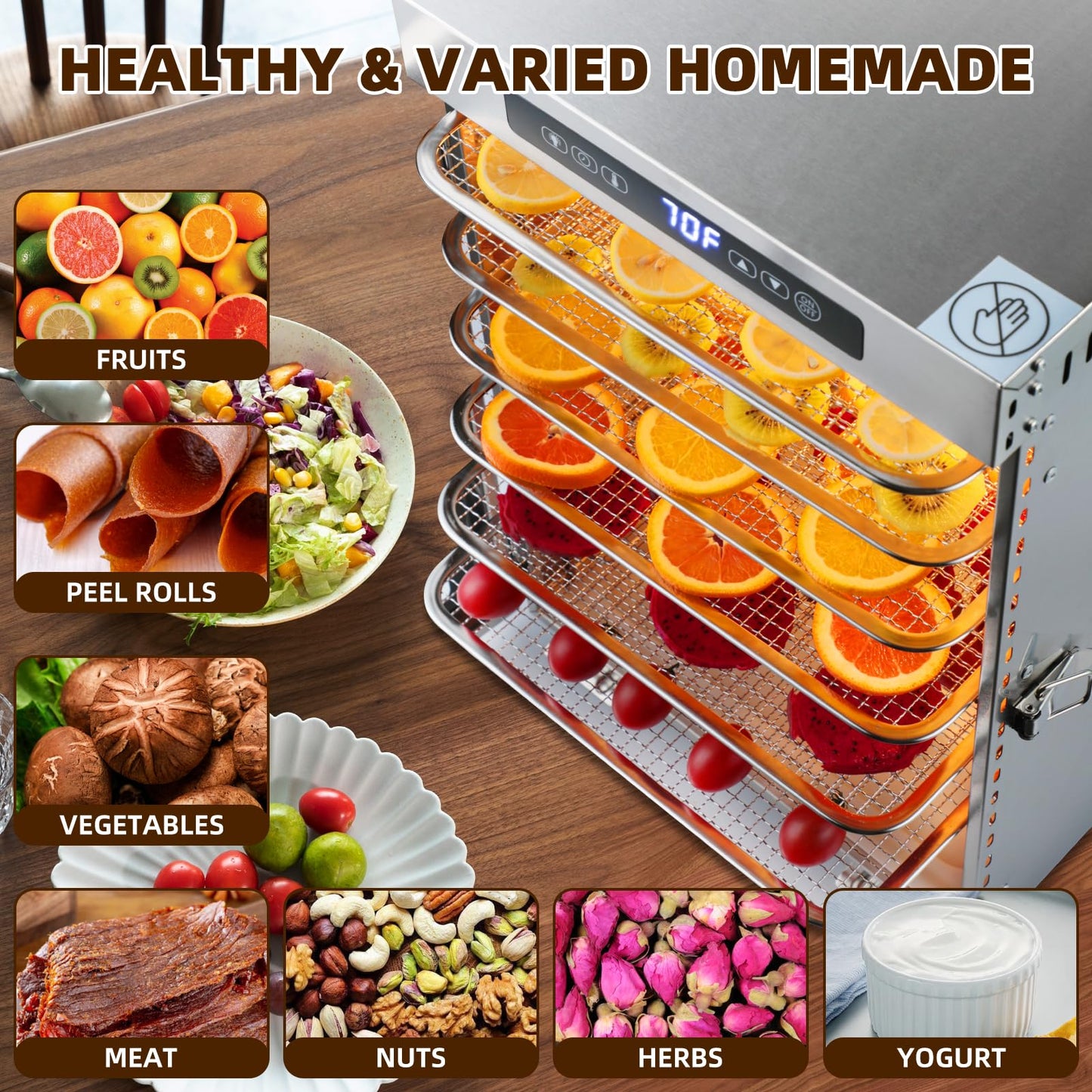 Máquina deshidratadora de alimentos, 9 bandejas de acero inoxidable, deshidratador de frutas de 1000 W, secador de carne de 7.7 pies cuadrados para ceca, control de temperatura de 190 ºF, máquina