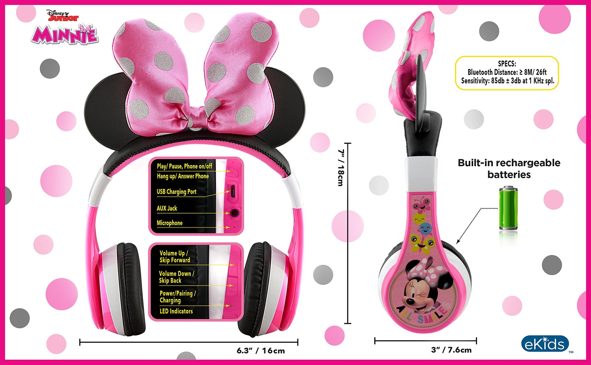 Auriculares Bluetooth Minnie Mouse Inalámbricos Recargables para Niños
