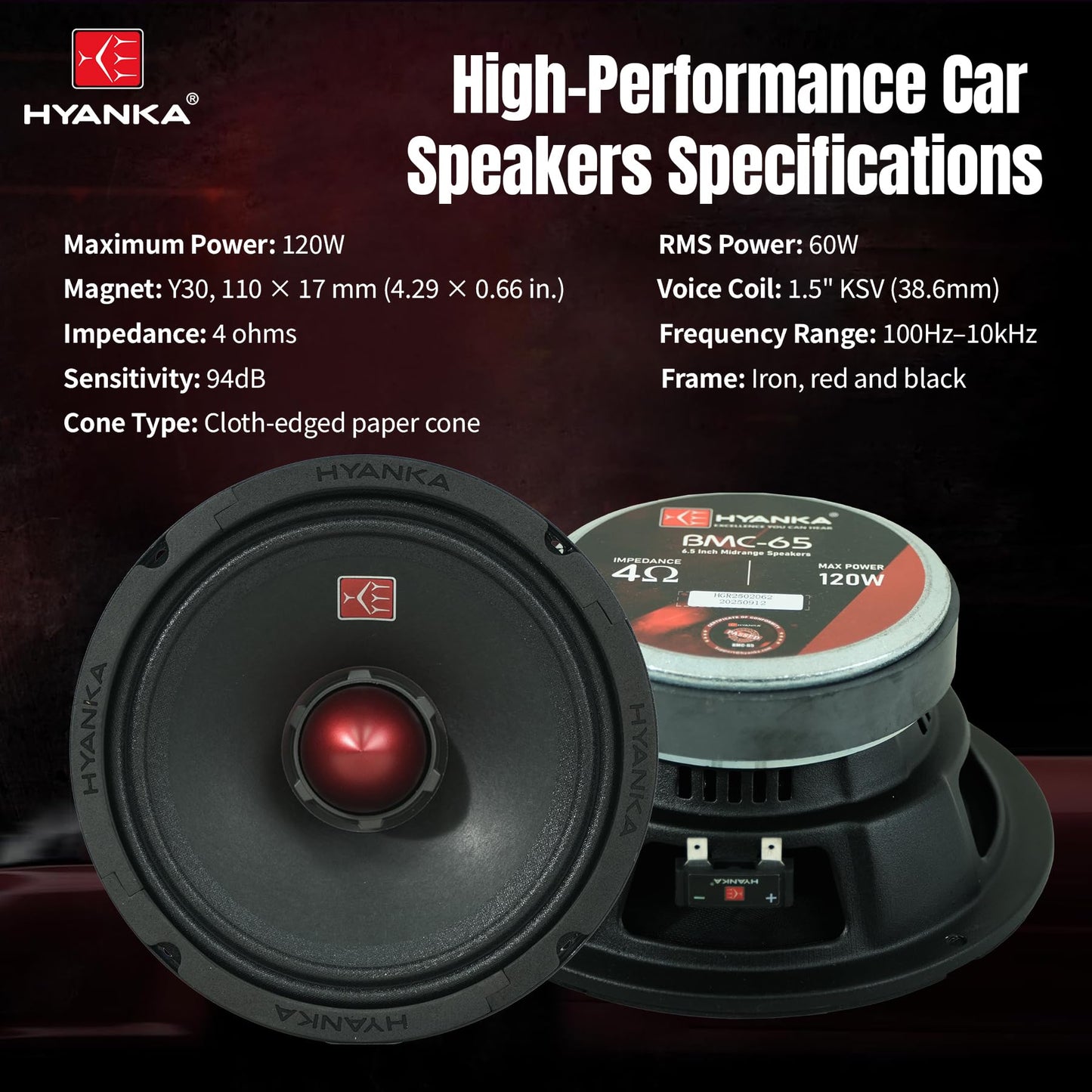 H YANKA BMC-65 6.5 altavoces de rango medio para coche, 480 W, 4 ohmios, diseño de bala con cesta de acero negro, sonido sin distorsión, ideal para coches, camiones y mucho más. (1 par)