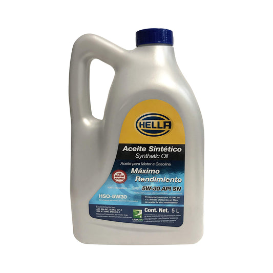 HELLA Aceite 100% Sintético Para Motor A Gasolina 5W30, 358271041 ,HSO-5W30, Garrafa de 5 litros, API SN, reduce desgaste, mantiene el motor limpio, no modifica viscosidad a altas temperaturas