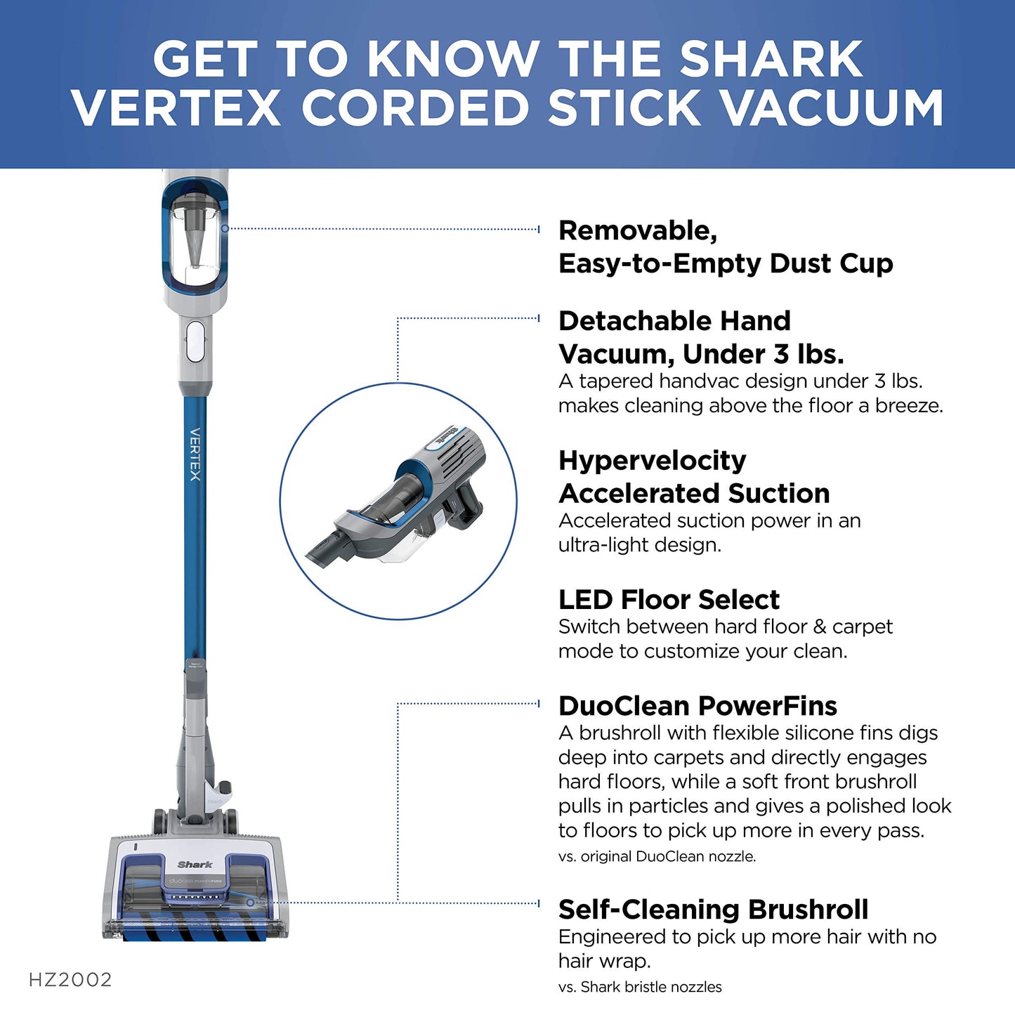 Shark HZ2002 Vertex con cable UltraLight DuoClean PowerFins Stick Vacío con cepillo de limpieza automático extraíble de mano, capacidad de taza de 0,32 cuartos secos, herramienta de hendidura, polvo y cepillo de alimentación para mascotas.