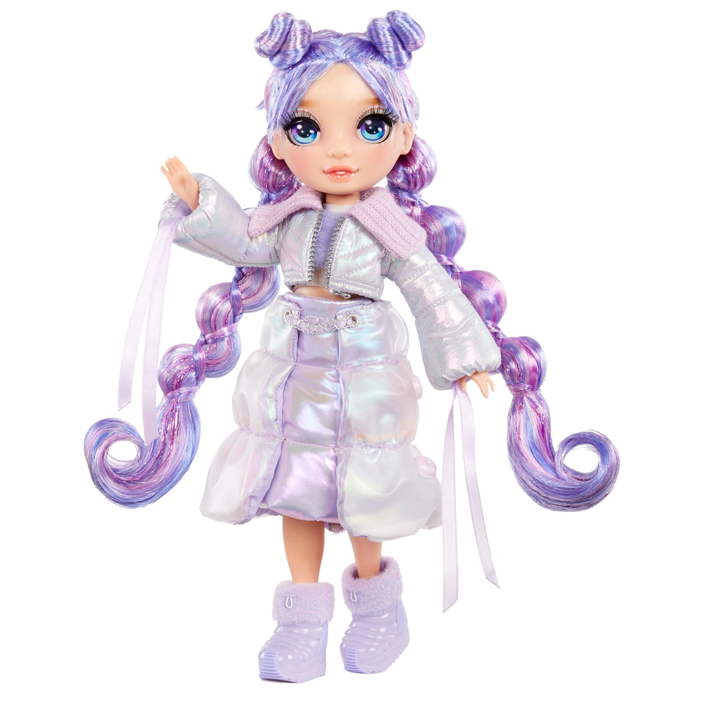 Muñeca Rainbow High Violet Willow morado Atuendos de Nieve Mágicos con Kit para Muñecos de Nieve de Arena Kinética