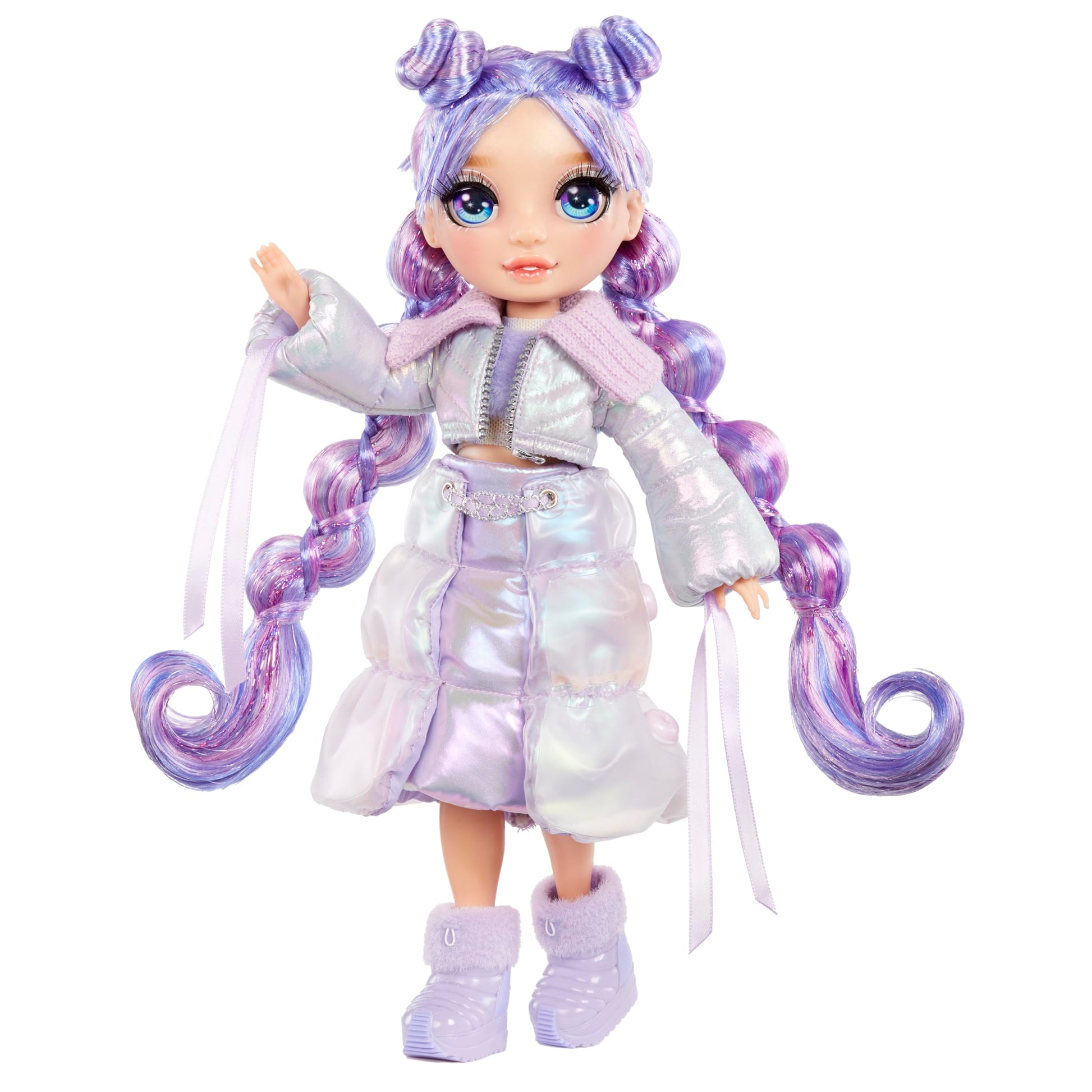 Muñeca Rainbow High Violet Willow morado Atuendos de Nieve Mágicos con Kit para Muñecos de Nieve de Arena Kinética