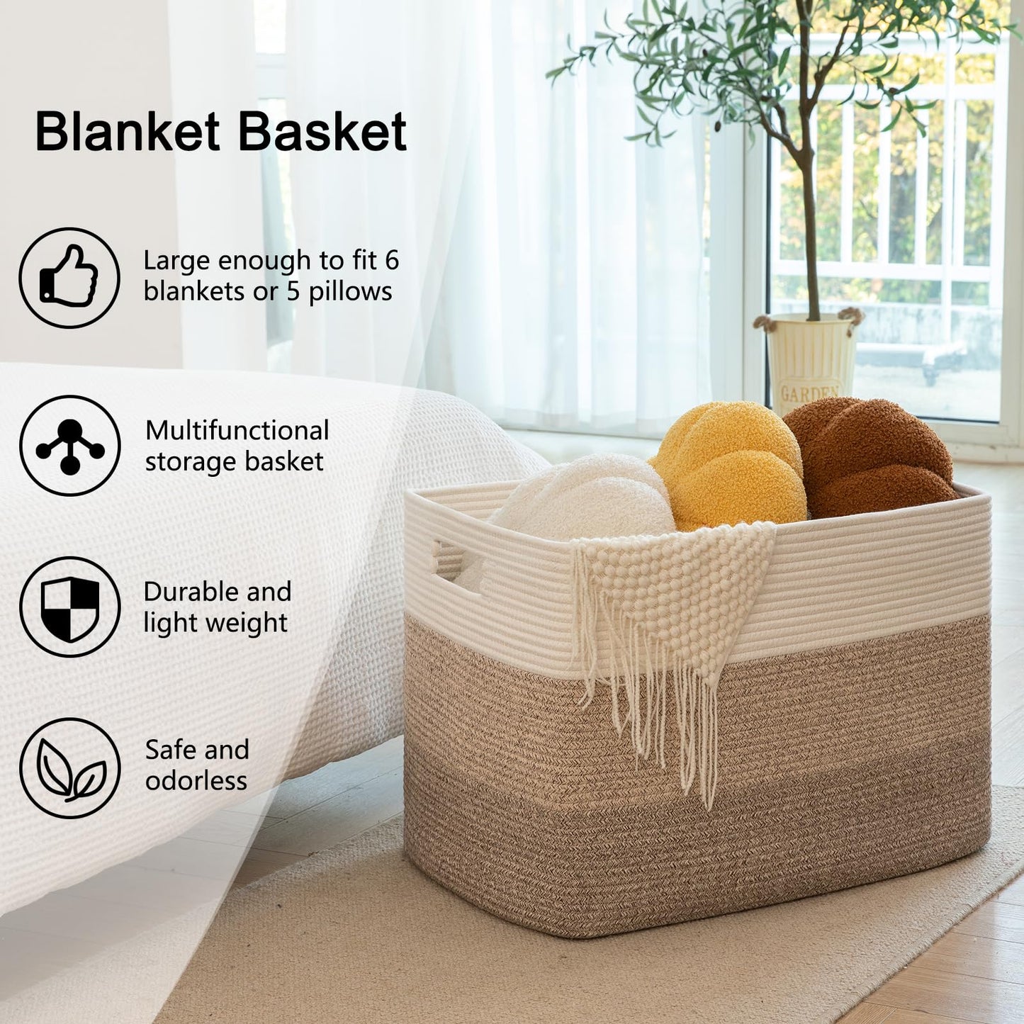 OIAHOMY - Cesta de manta súper grande de 108 L, 25 x 16 x 16 pulgadas, cestas tejidas rectangulares para almacenamiento, cesta de cuerda de algodón para sala de estar, almacenamiento de juguetes con