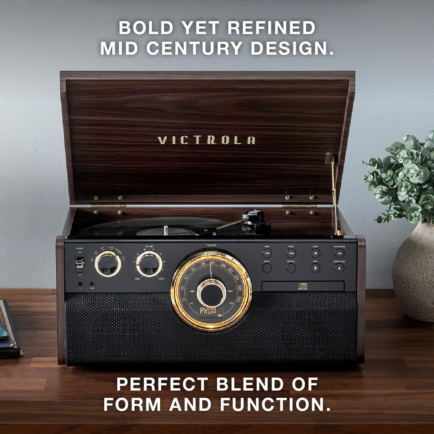 Tocadiscos Victrola Empire Gris Mid-Century 6 en 1 con Altavoces Integrados y Bluetooth