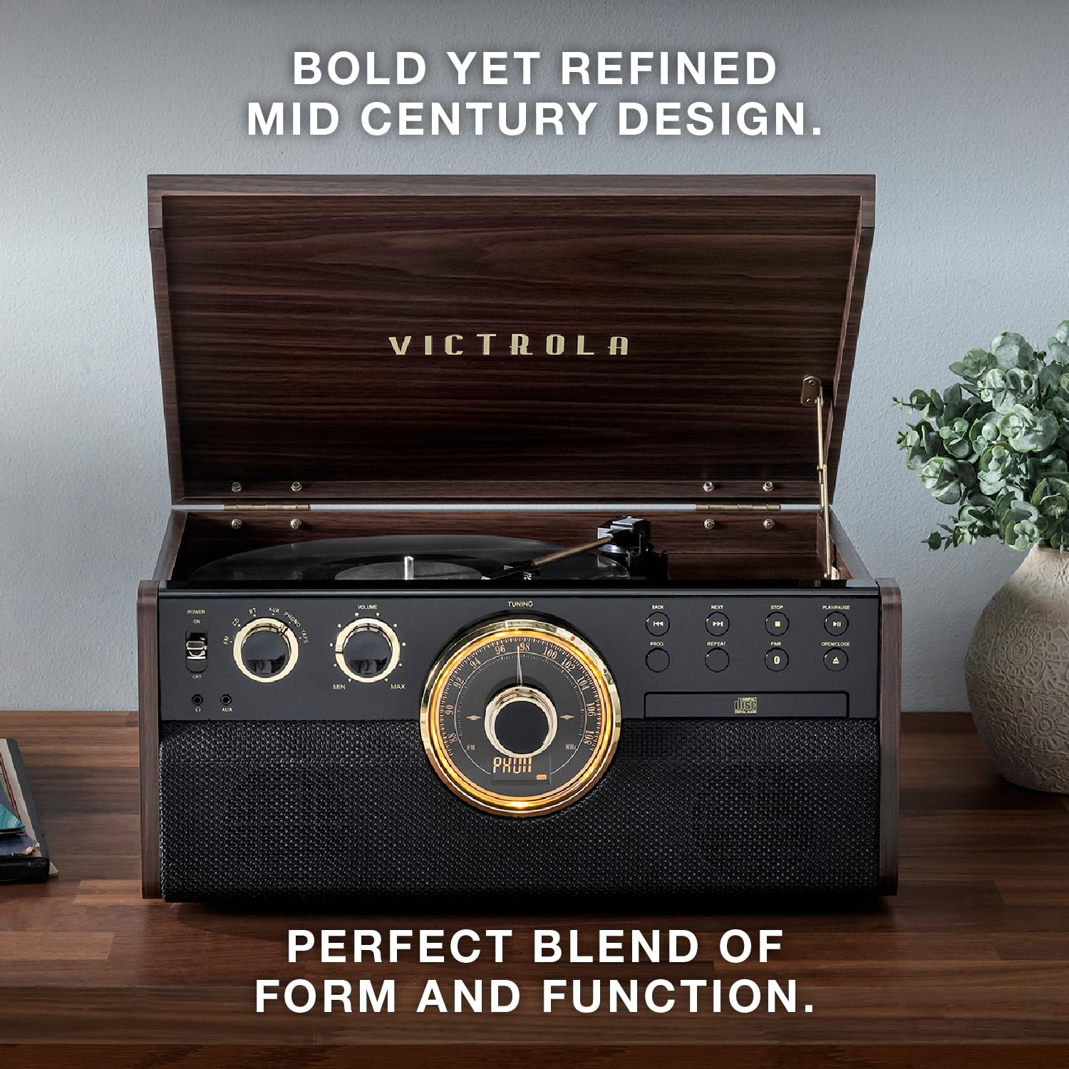 Tocadiscos Victrola Empire Gris Mid-Century 6 en 1 con Altavoces Integrados y Bluetooth