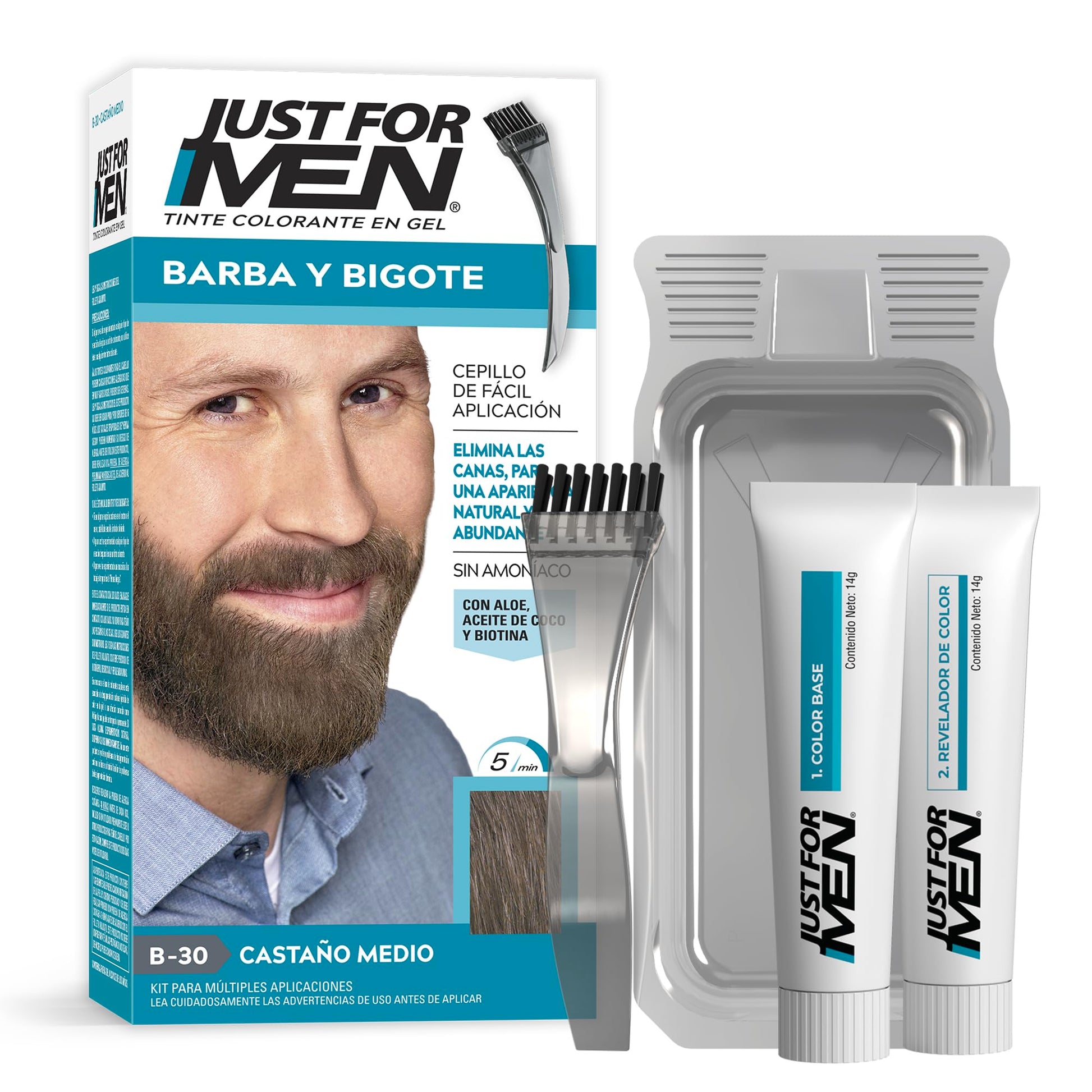 Just For Men Tinte Colorante en Gel Para Barba y Bigote,Castaño Medio B30, Sin Amoníaco,Con Cepillo De Fácil Aplicación, 66ml