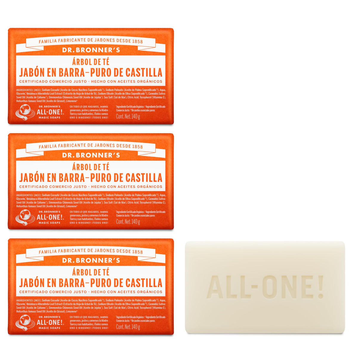 Dr. Bronner's | Jabón de castilla orgánico en barra, fórmula concentrada, purificación natural y efecto antiséptico, con aceite esencial de Árbol de Té, aroma Árbol de Té (3 pack)