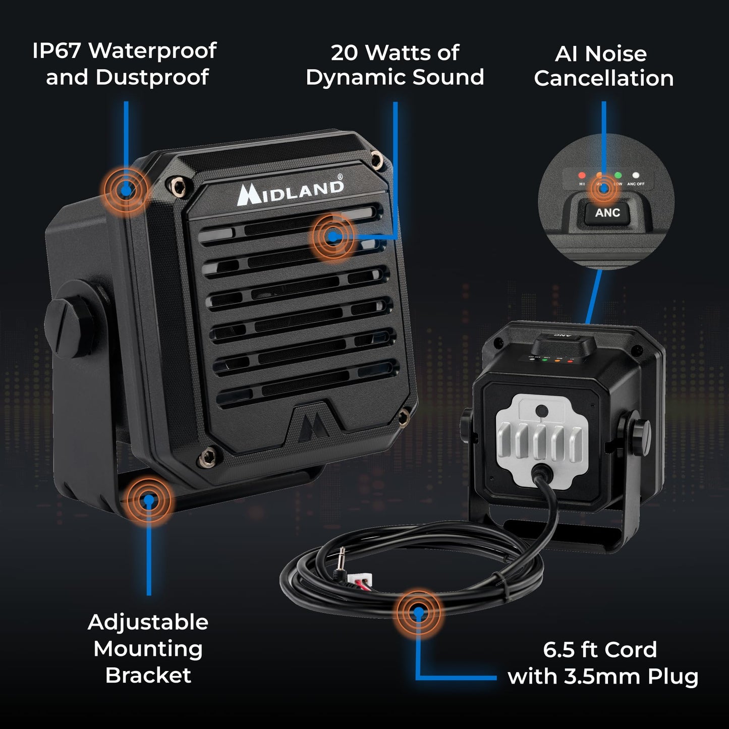 Midland - Altavoz externo amplificado de alta resistencia SPK200 de 20W - Cancelación de ruido AI de 180 grados, base giratoria para radios CB y MXT, sistema de sonido de 8 ohmios, conector de audio