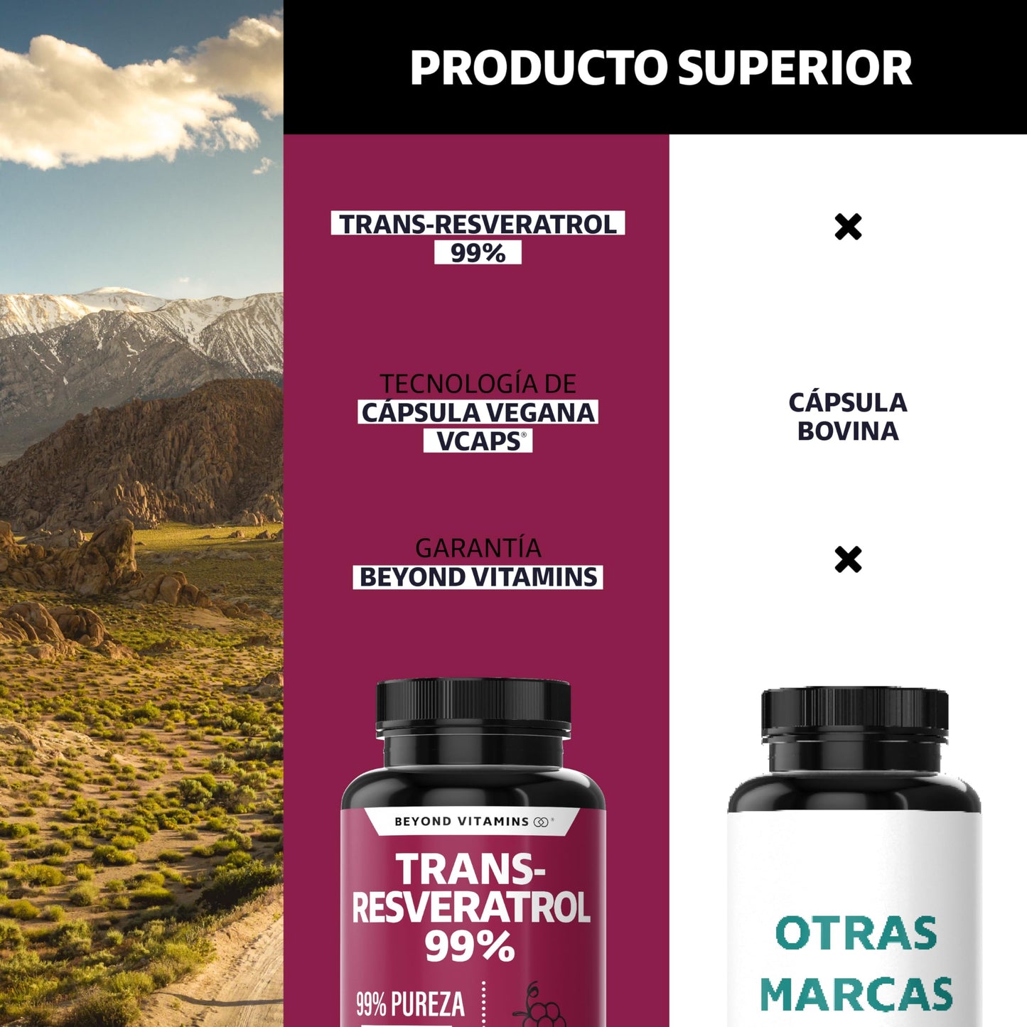 Cápsulas Veganas Beyond Vitamins Blanco Alta Concentración de Resveratrol Calidad Premium 2 Meses