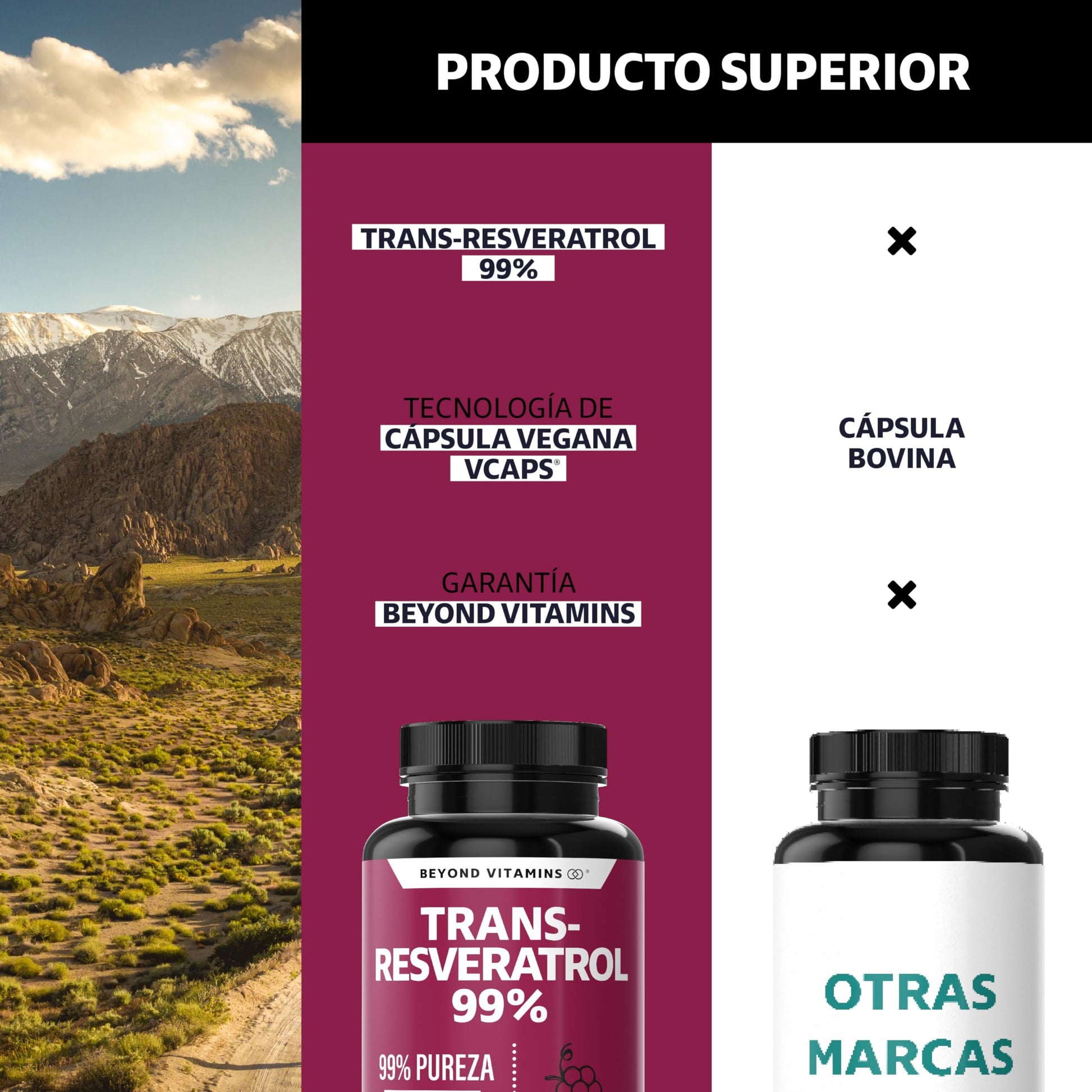 Cápsulas Veganas Beyond Vitamins Blanco Alta Concentración de Resveratrol Calidad Premium 2 Meses