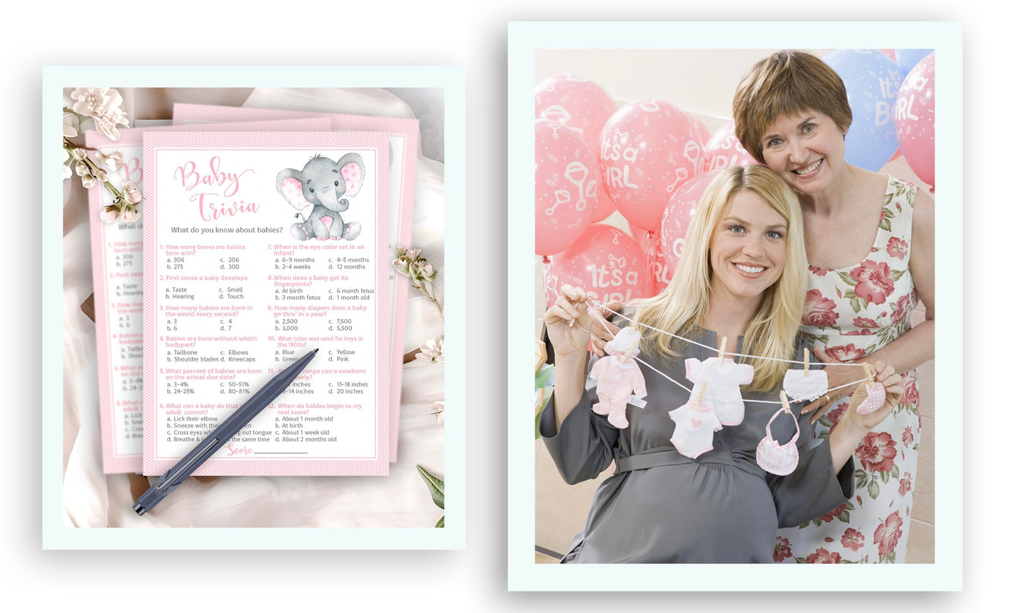 Pink Elephant Baby Shower Games - Juego Baby TRIVIA - Paquete de 25 - Actividad de ducha para niñas, diseño de elefante rosa para bebés, fiesta de revelación de género G500-TRV
