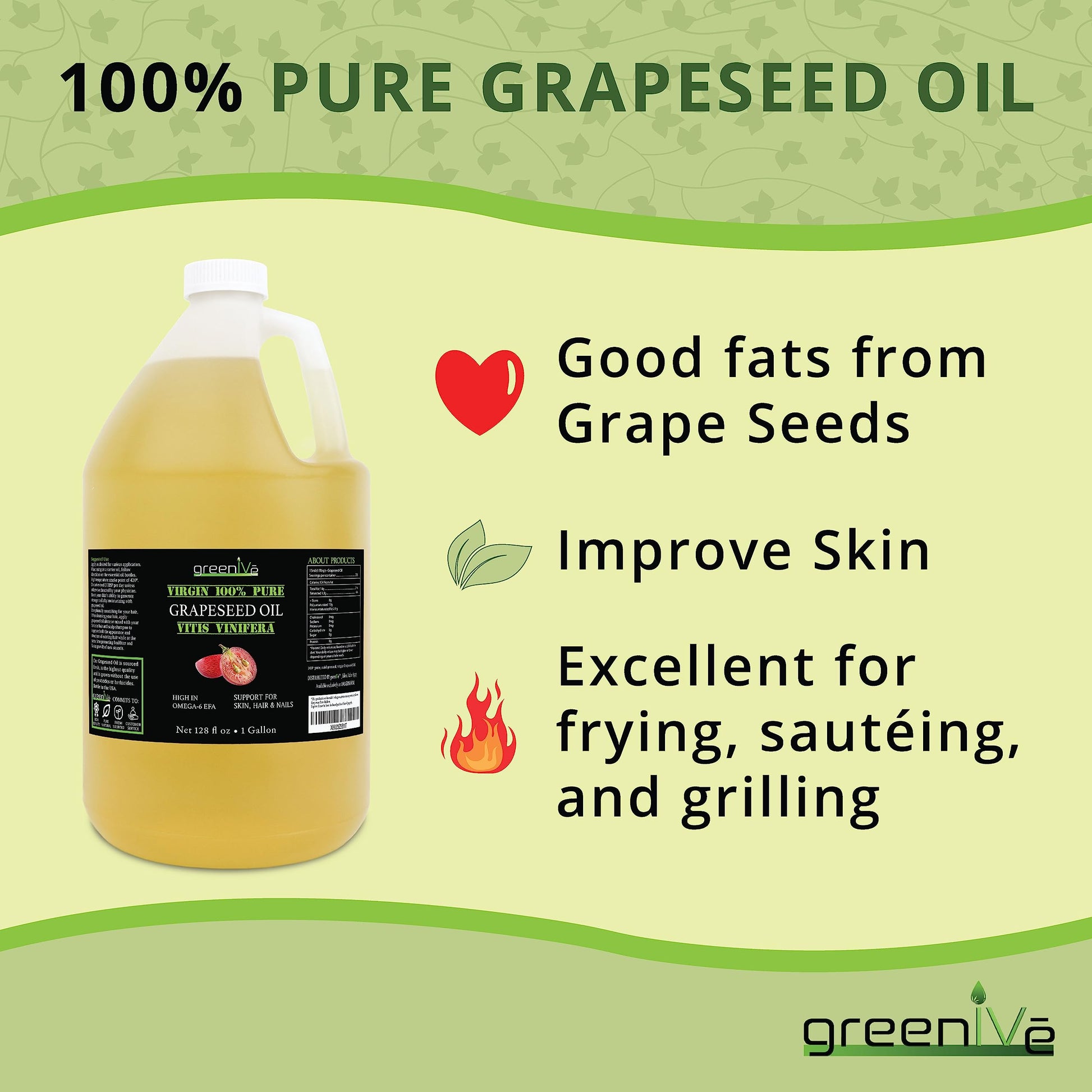 GreenIVe - Aceite de semilla de uva - Aceite de semilla de uva prensado en frío 100% puro - Exclusivamente en Amazon (128 onzas (1 galón))