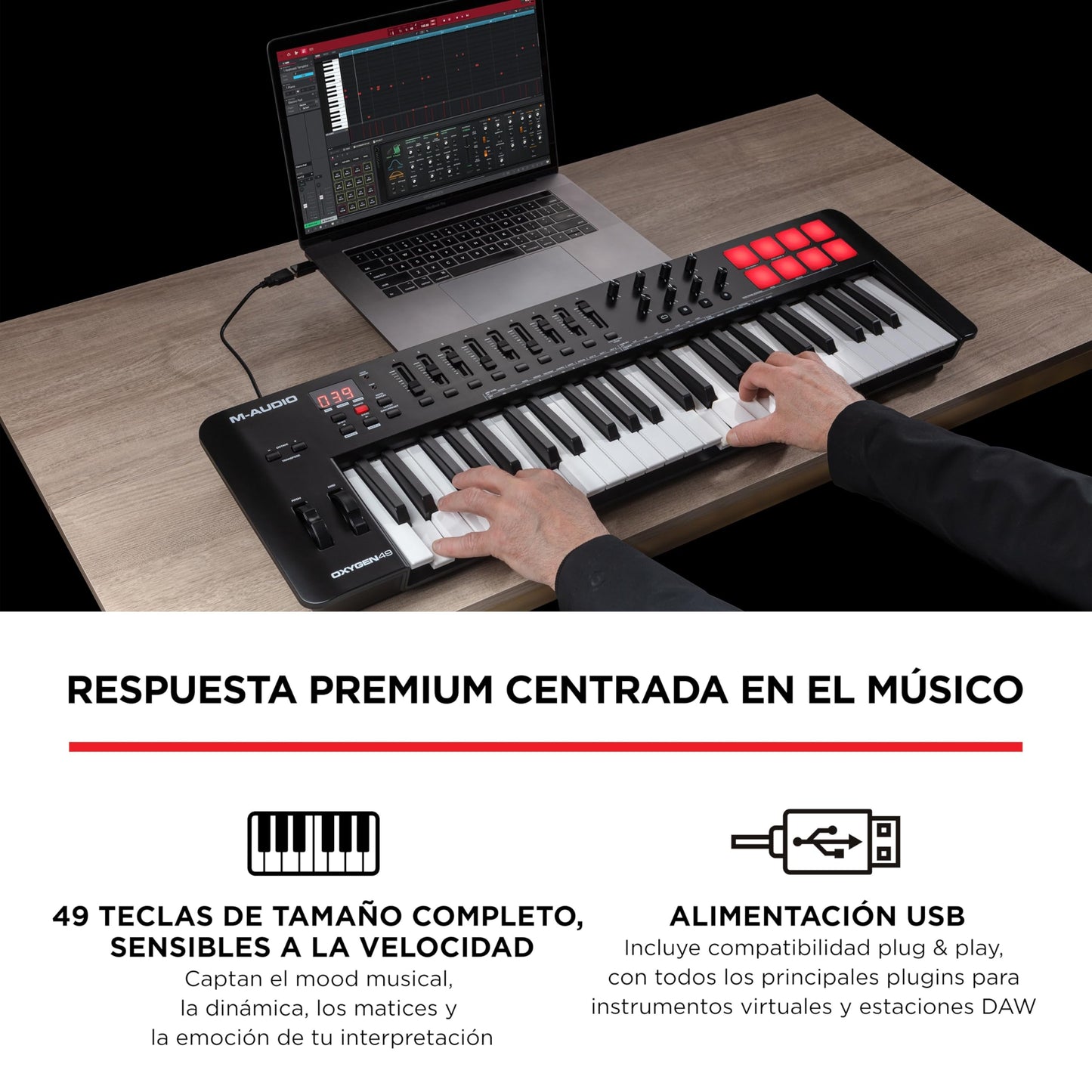 M-Audio Oxygen 49 V - Teclado controlador MIDI USB de 49 teclas con Beat Pads, modos Smart Chord y Scale, arpegiador y suite de software incluidos