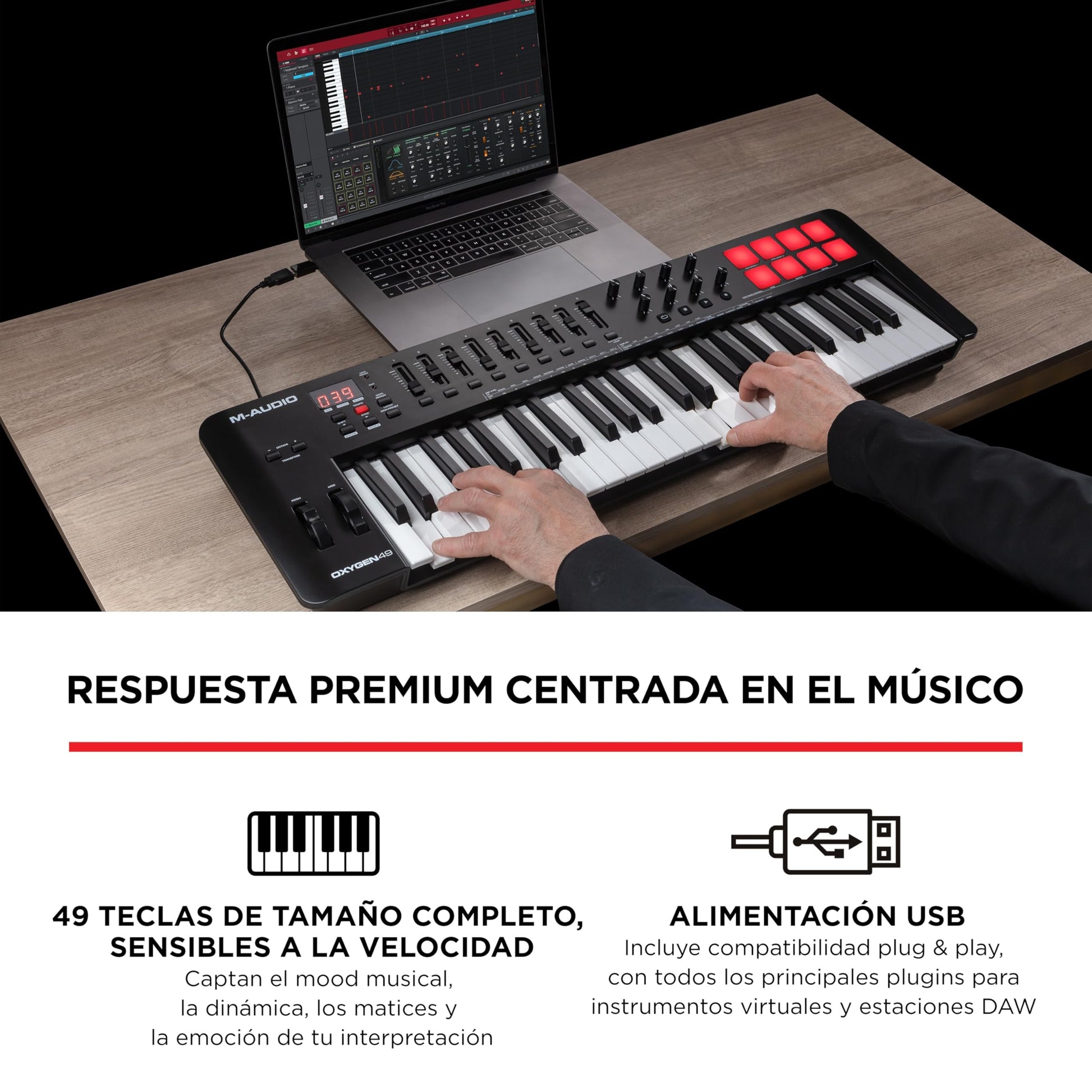 M-Audio Oxygen 49 V - Teclado controlador MIDI USB de 49 teclas con Beat Pads, modos Smart Chord y Scale, arpegiador y suite de software incluidos