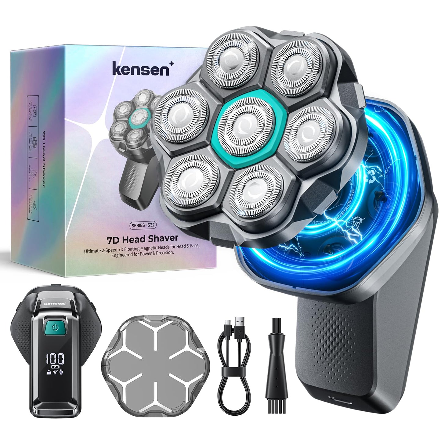 kensen Afeitadora Cabeza Hombre, Maquina Afeitar Hombre para Calvo, 7D Cabezales Maquina para Afeitar Cabeza en Seco y Húmedo con Pantalla LED, 100 mins Uso, IPX6 Impermeable, USB-C, 8100/8500RPM