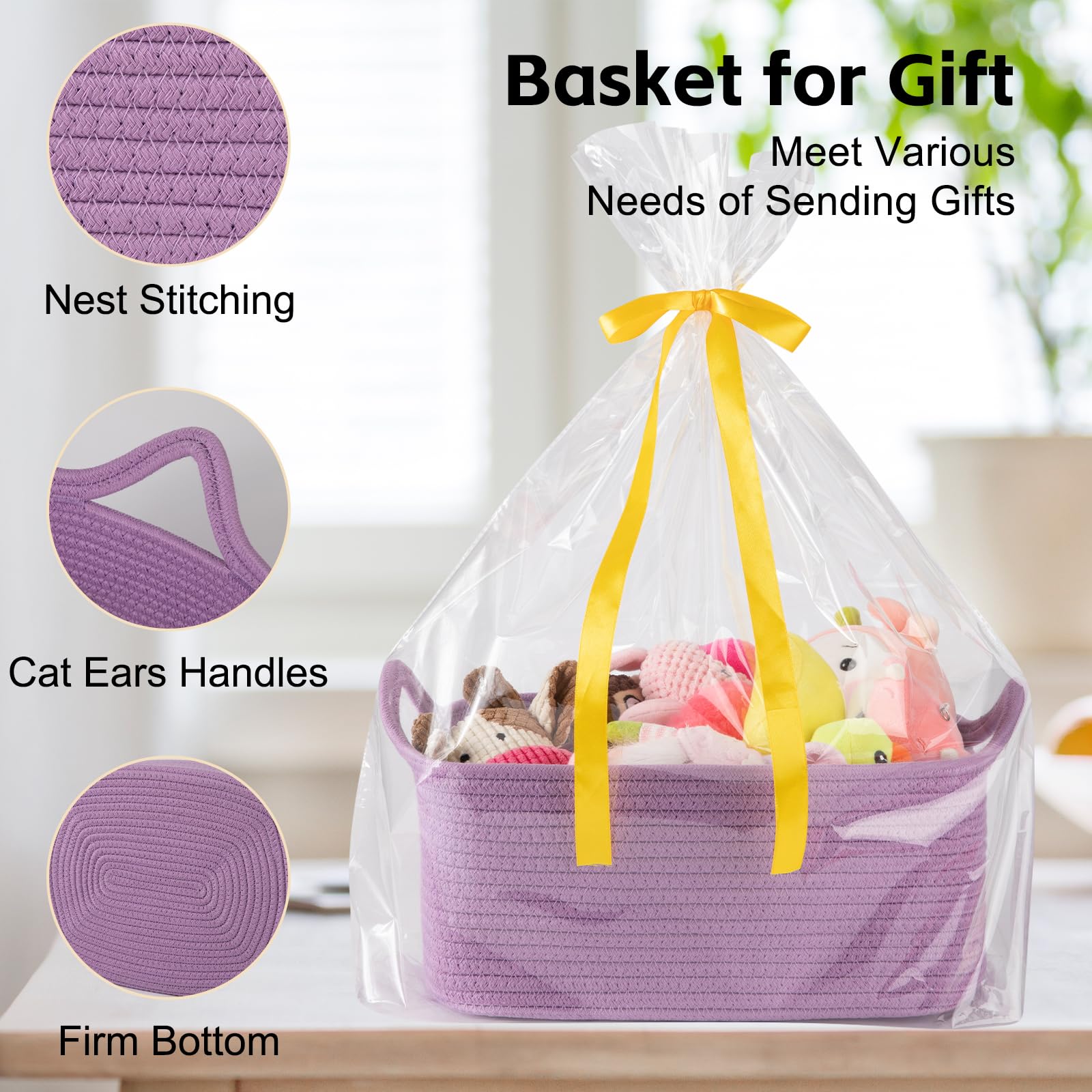 OIAHOMY - Bonita cesta tejida con bolsas de regalo y cintas, cesta de regalo vacía para baby shower, cumpleaños, cuarto de bebé con asas para sala de estar, contenedores de juguetes para mascotas para