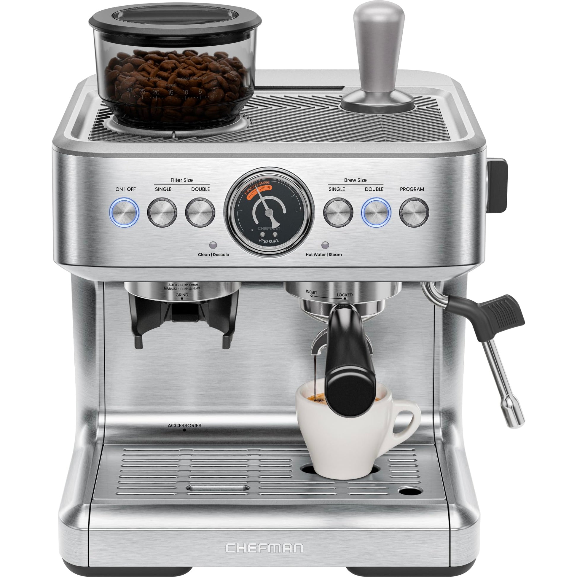 Chefman Crema Supreme - Máquina de café expreso de 15 barras con espumador de leche, barra de vapor Barista, cafetera profesional con molinillo de café, 30 ajustes de molienda, tanque de agua