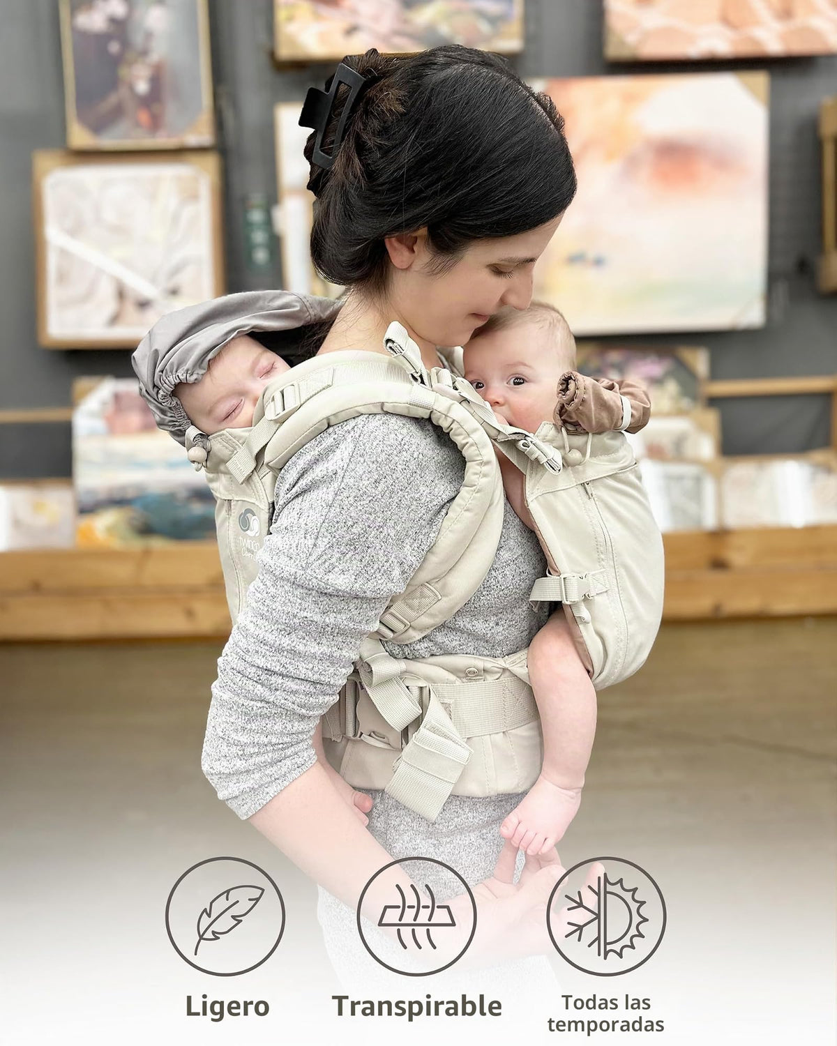 TwinGo Carrier - Modelo Air - Neutro, ideal para todas las estaciones, malla transpirable, totalmente ajustable en tándem o 2 portabebés individuales para hombres, mujer XS-XXL - Gemelos y bebés de 10
