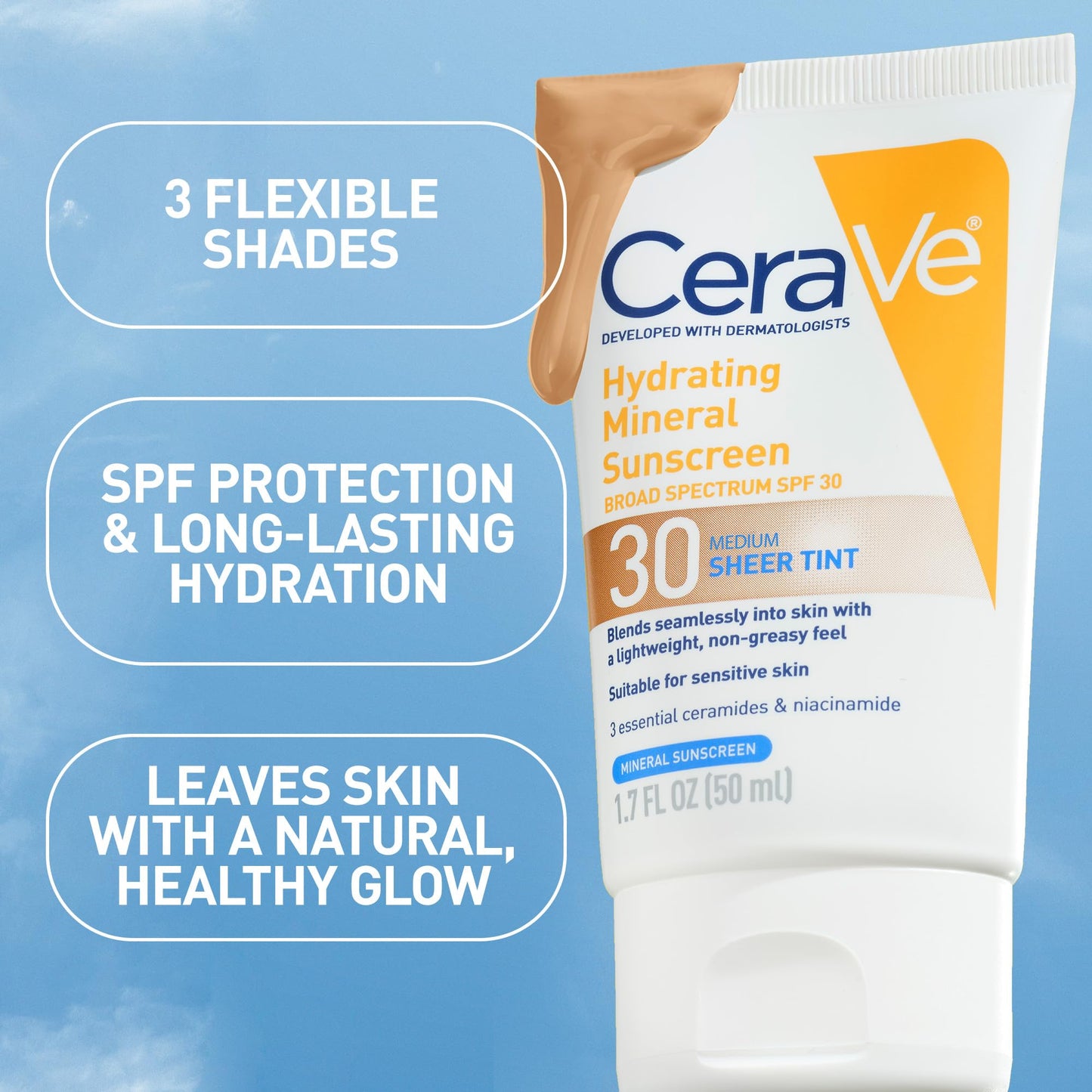 CeraVe Tinted Sunscreen with SPF 30 | Hydrating Mineral Sunscreen With Zinc Oxide & Titanium Dioxide | Sheer Tint for Healthy Glow | 1.7 Fluid Ounce