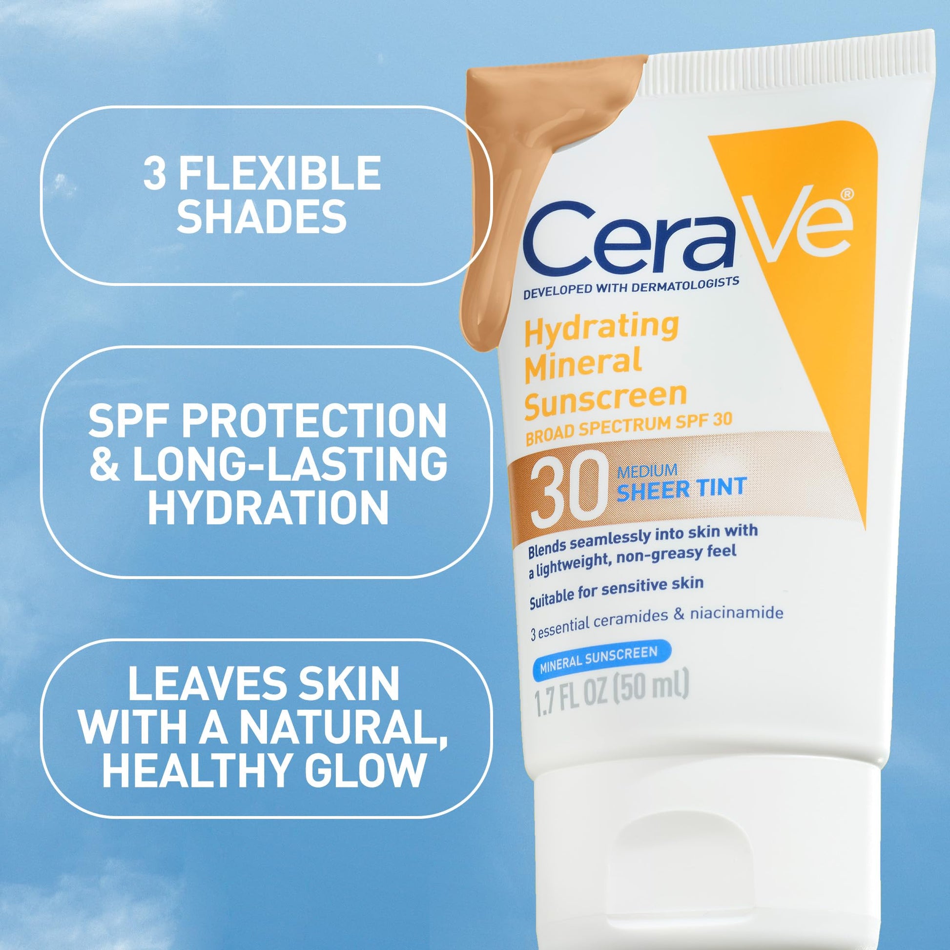 CeraVe Tinted Sunscreen with SPF 30 | Hydrating Mineral Sunscreen With Zinc Oxide & Titanium Dioxide | Sheer Tint for Healthy Glow | 1.7 Fluid Ounce