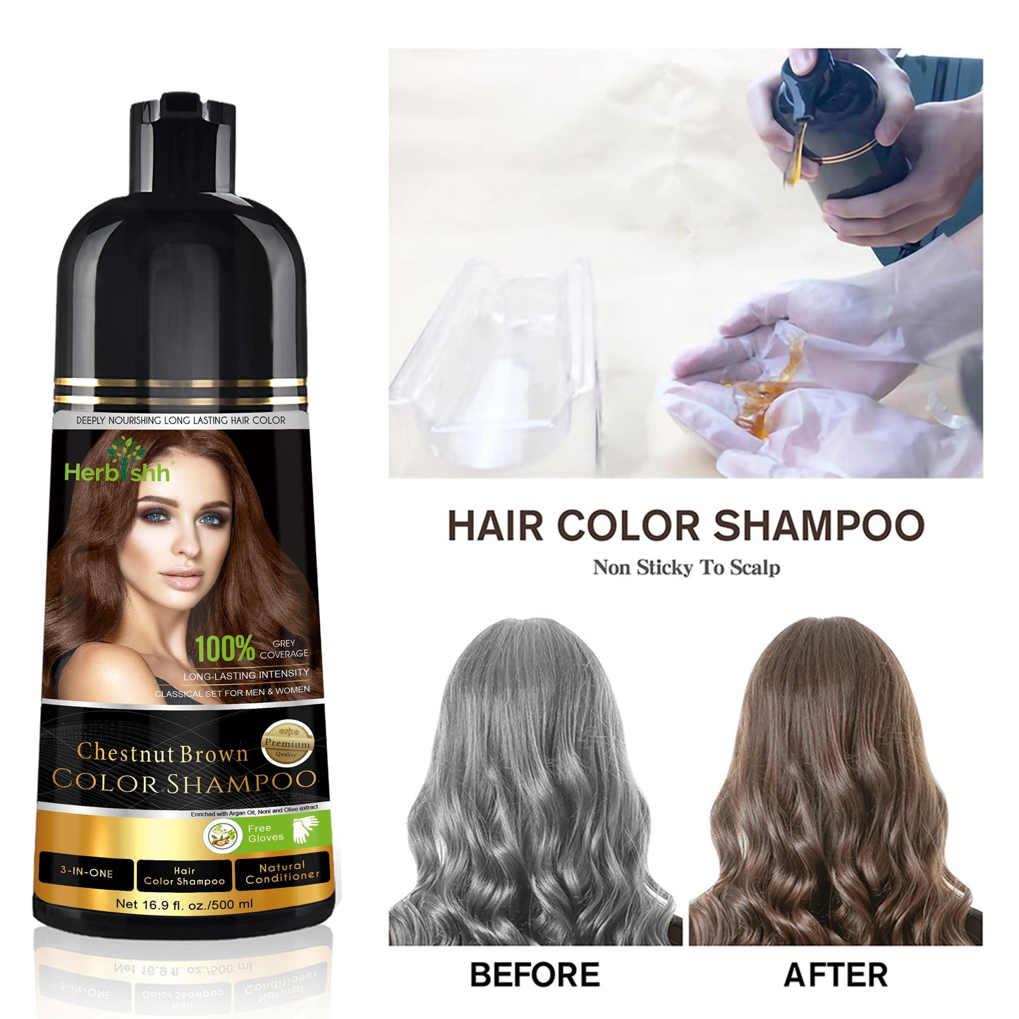 Herbishh - Champú colorante para cabello gris, champú con tinte natural para el cabello, colorea el cabello en minutos, dura hasta de 3 a 4 semanas, 500 ml, tinte de cabello 3 en 1, sin amoniaco | (marrón castaño)