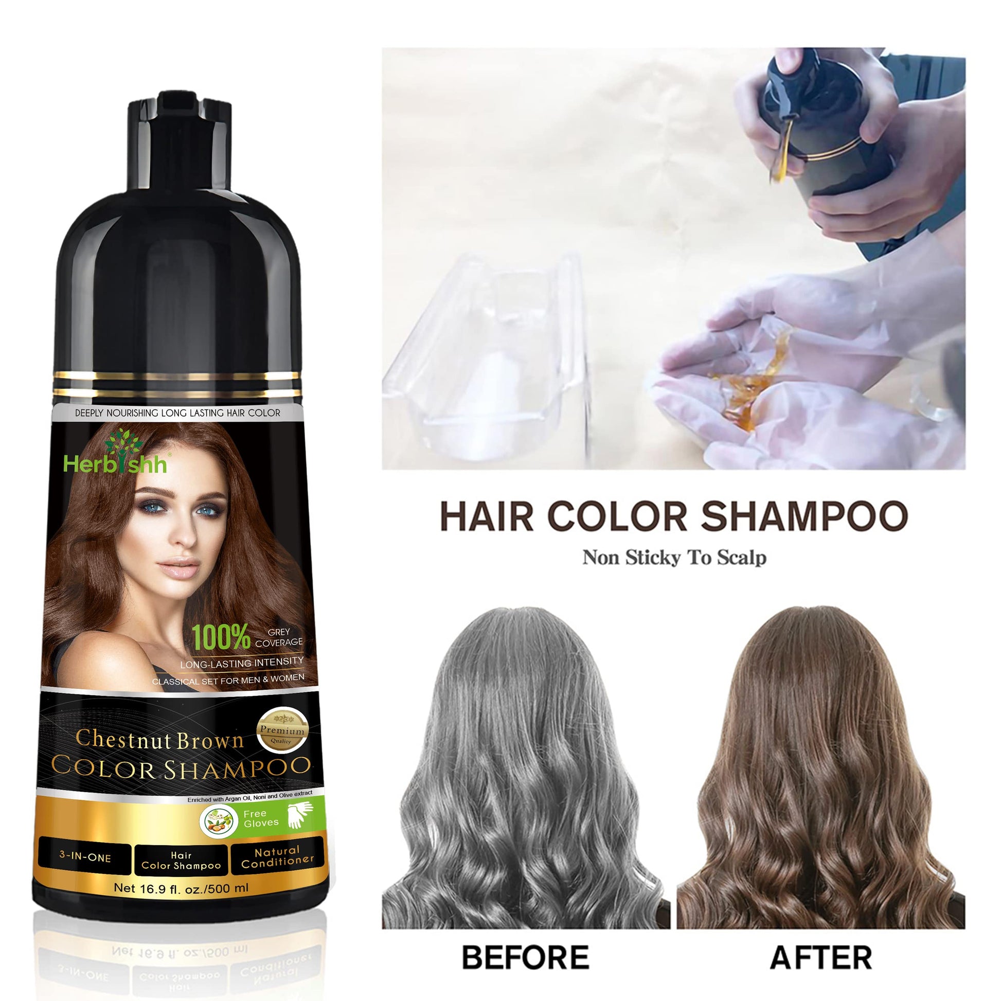 Herbishh - Champú colorante para cabello gris, champú con tinte natural para el cabello, colorea el cabello en minutos, dura hasta de 3 a 4 semanas, 500 ml, tinte de cabello 3 en 1, sin amoniaco | (marrón castaño)