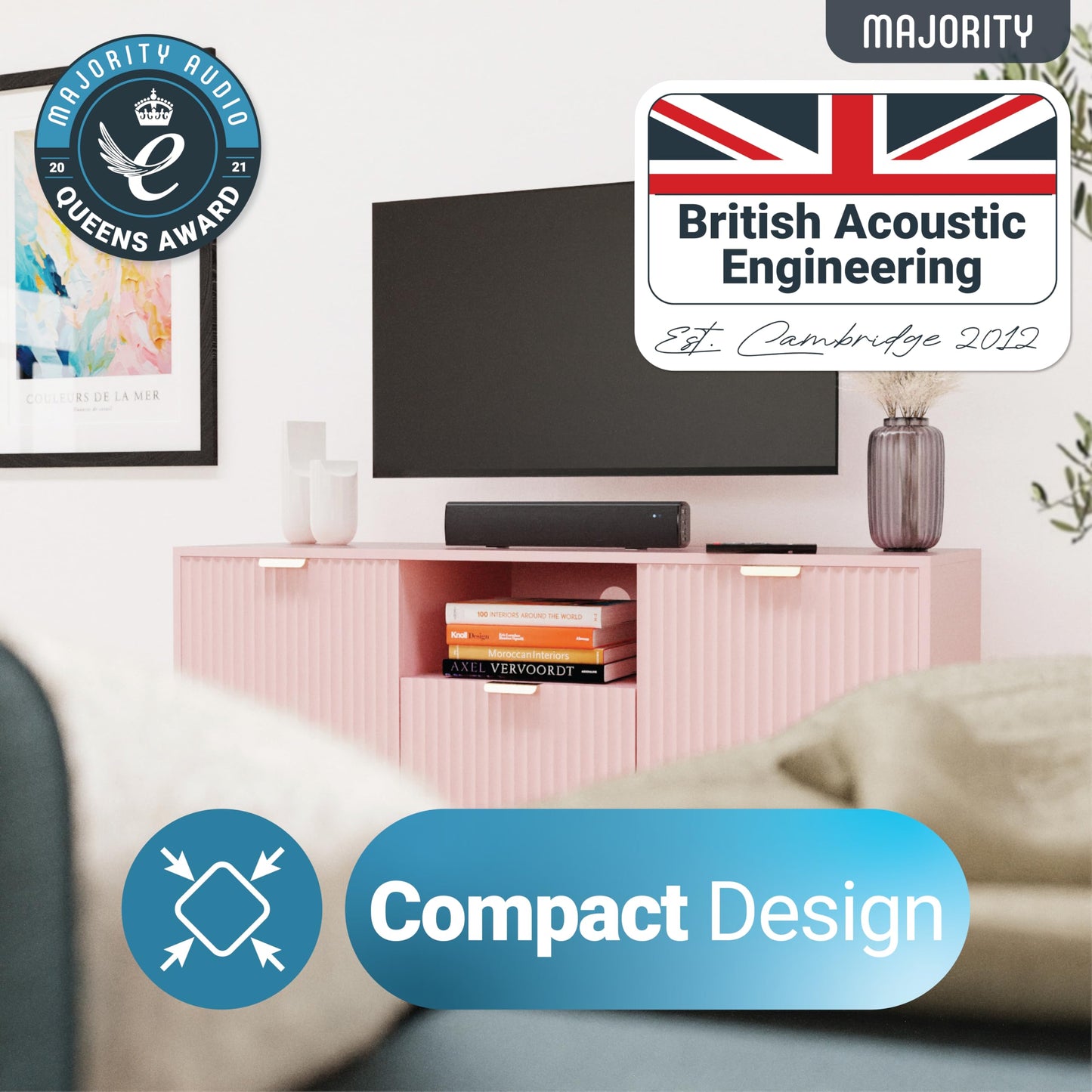 Majority Bowfell - Barra de sonido pequeña para TV con Bluetooth, RCA, USB, Opt, conexión AUX, mini sistema de sonido/audio para altavoces de TV/cine en casa, juegos, proyectores, 50 W, 15 pulgadas