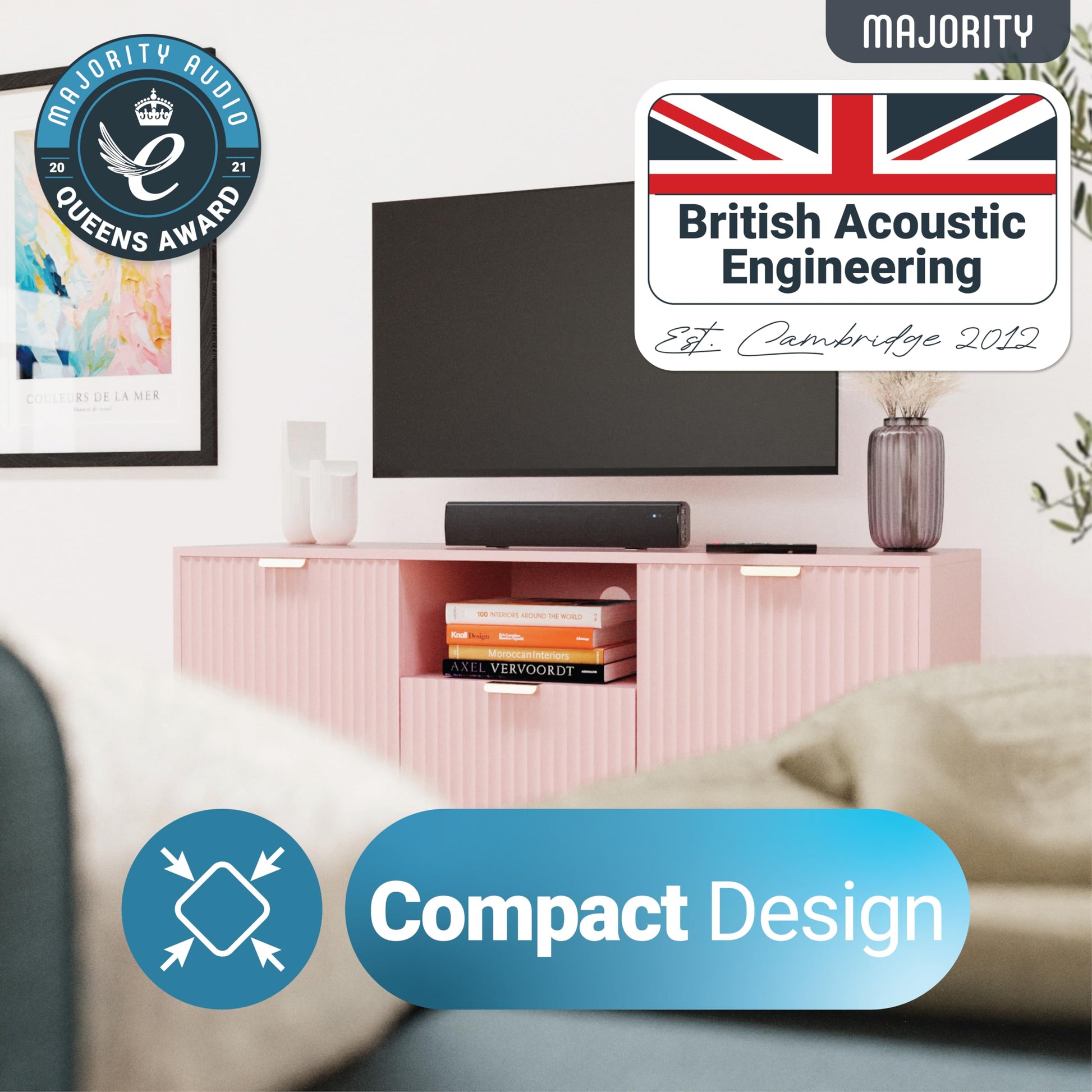 Majority Bowfell - Barra de sonido pequeña para TV con Bluetooth, RCA, USB, Opt, conexión AUX, mini sistema de sonido/audio para altavoces de TV/cine en casa, juegos, proyectores, 50 W, 15 pulgadas