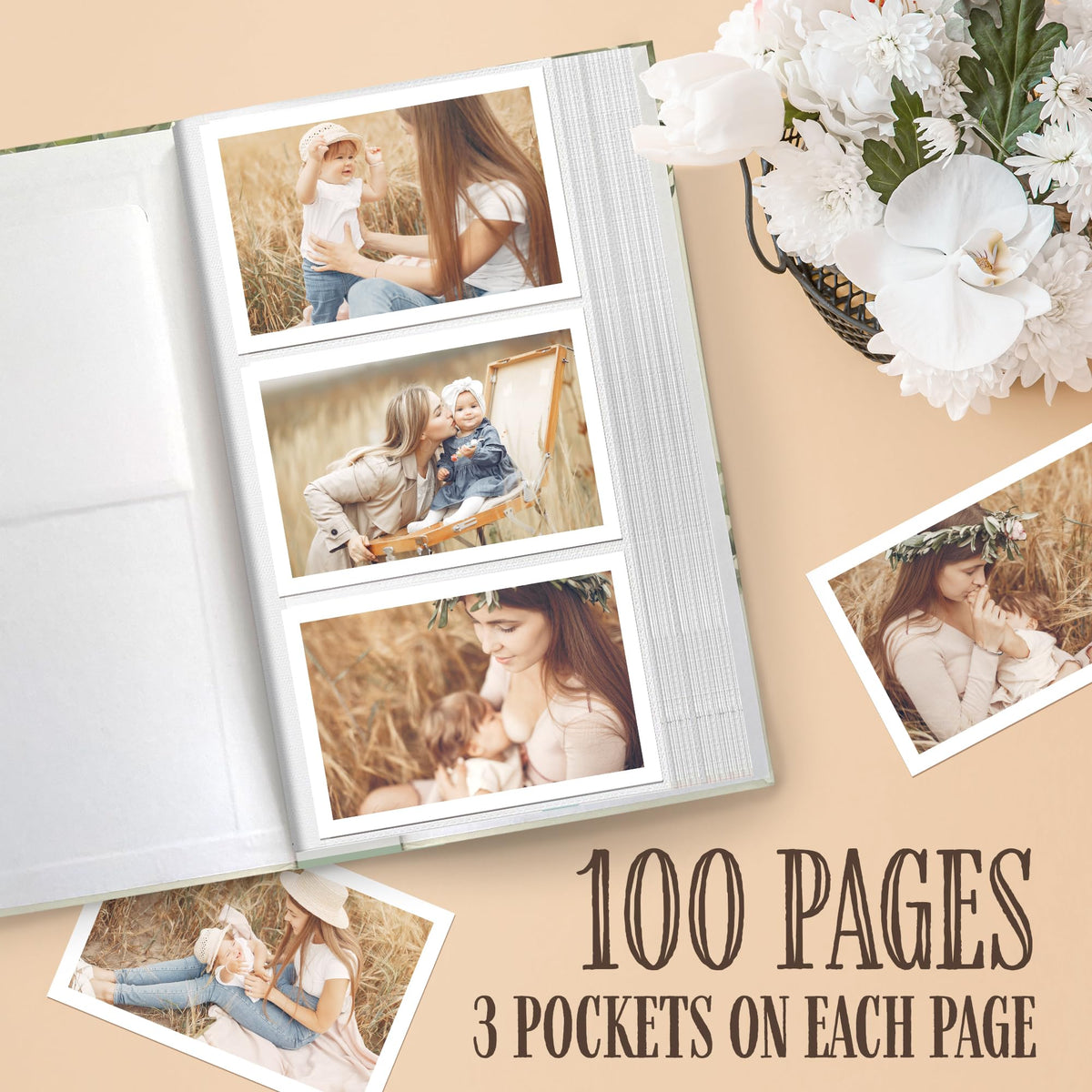 Álbum de Fotos para Bebé con 300 Bolsillos y Tapa Dura en Papel Mate con Ventana Frontal