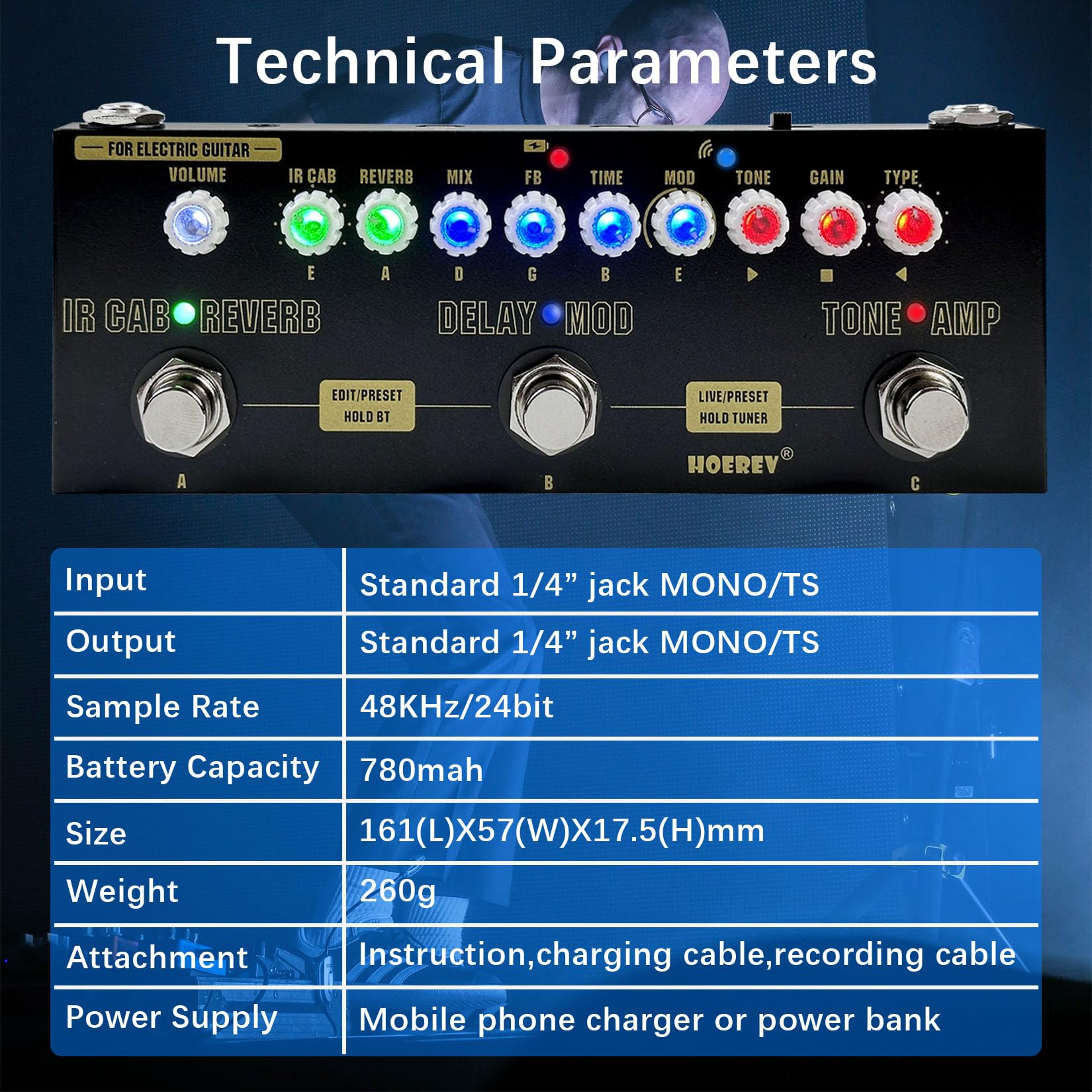 HOEREV - Pedal de guitarra multiefectos, retardo, reverberación, fase, coro, distorsión, sobremarcha, multiefectos, pedal para guitarra eléctrica, batería incorporada