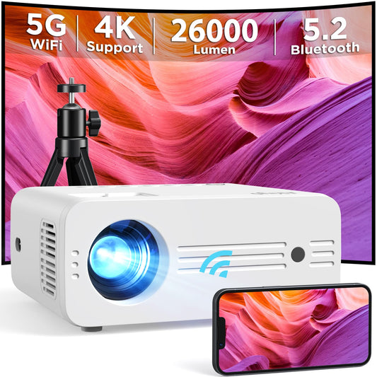 AKIYO Proyector 5G WiFi Bluetooth, 13000 Lux Con Trípode, 4K de Película Con 150000 Horas, 1080P Nativo Mini Para iOS/Android/PC/TV Stick/HDMI/AV/USB/PS5