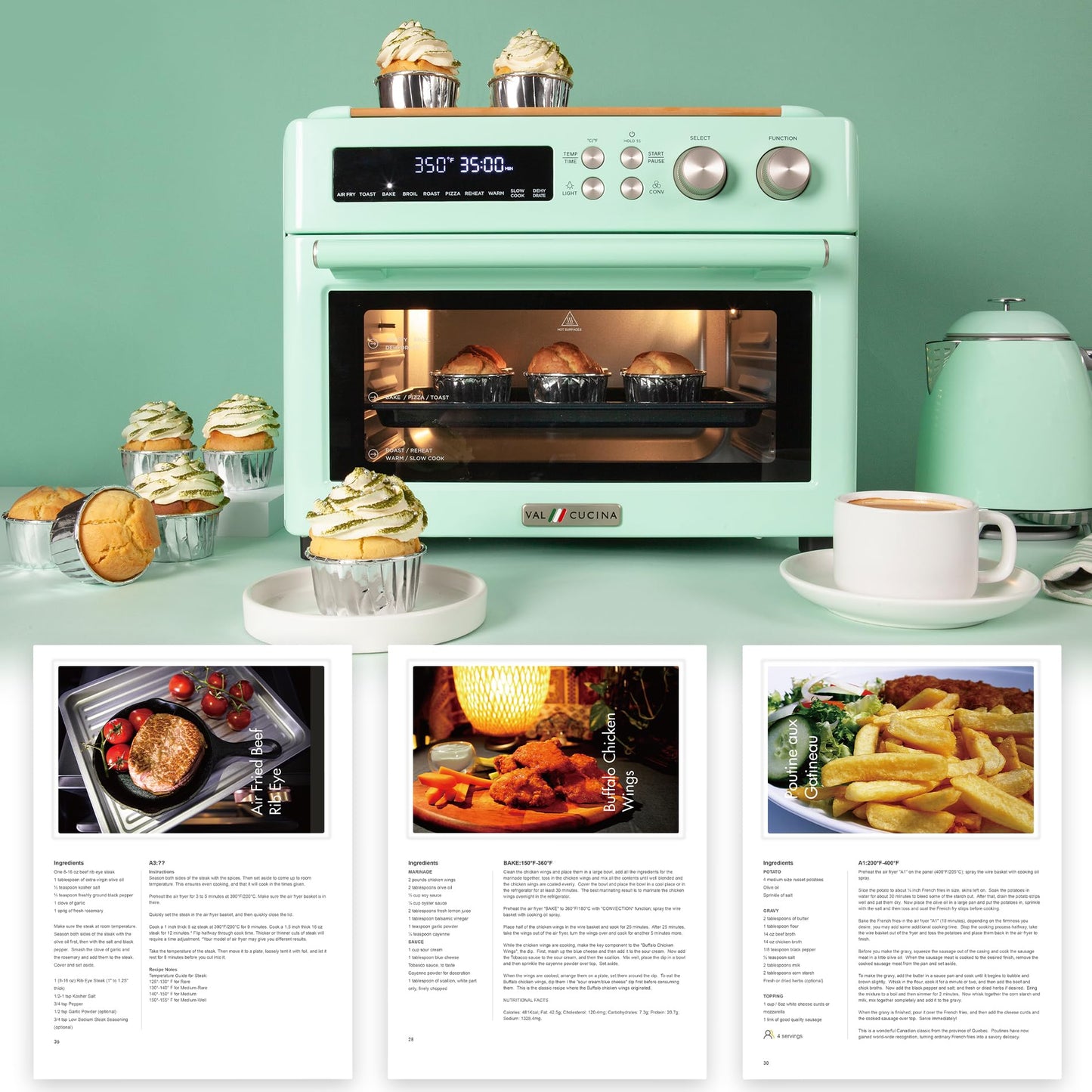 Freidora de Aire VAL CUCINA Retro Infrarroja con Horno de Convección Extragrande para Encimera 10 en 1