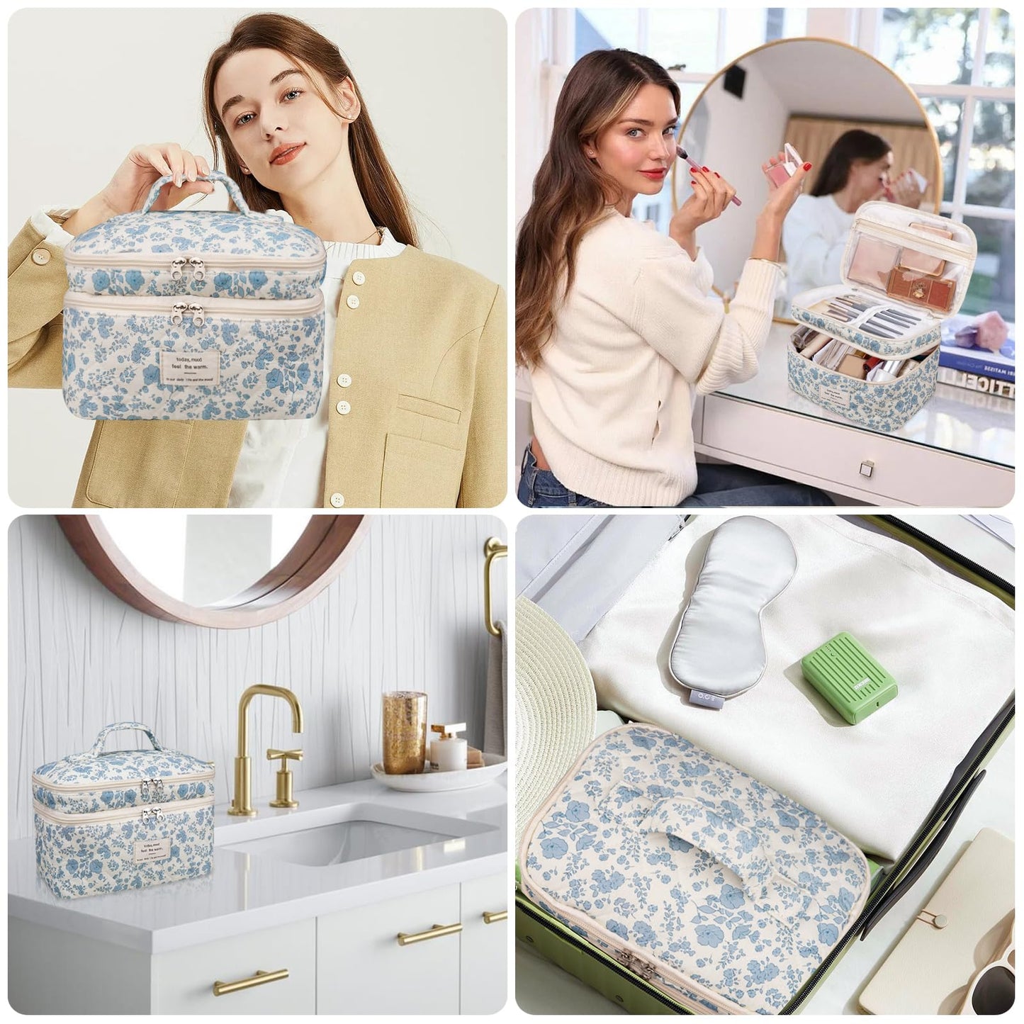 Bolsa de maquillaje, bolsa de cosméticos grande para mujeres y niñas, lindas bolsas de maquillaje acolchadas, bolsa de aseo estética de coquetas florales, bolsa organizadora de maquillaje de viaje
