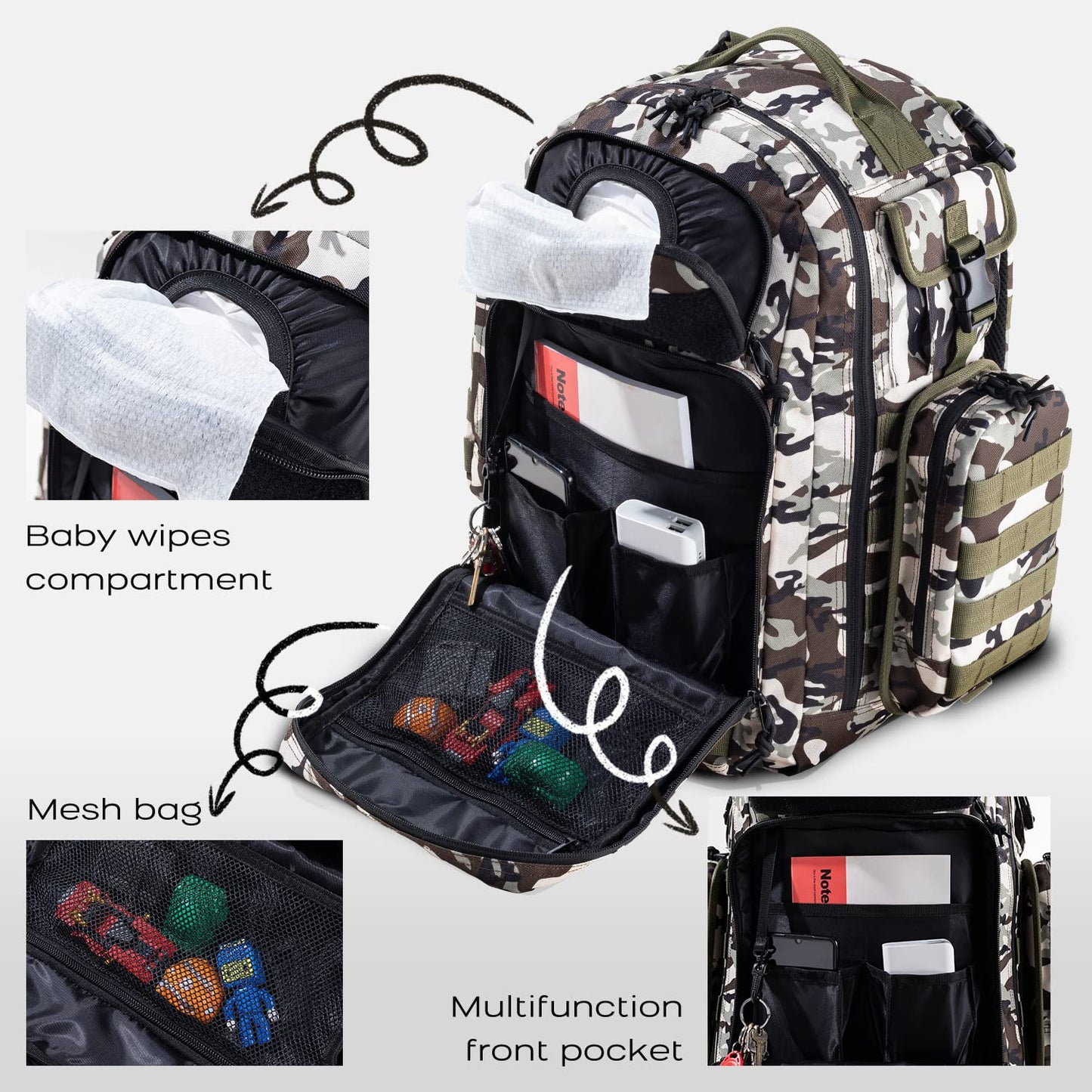 Dinictis - Bolsa de pañales para papá, mochila con cambiador de pañales, mochila militar con correas Molle, bolsa impermeable, bolsillo para toallitas para bebé, bolsillos aislados para botellas