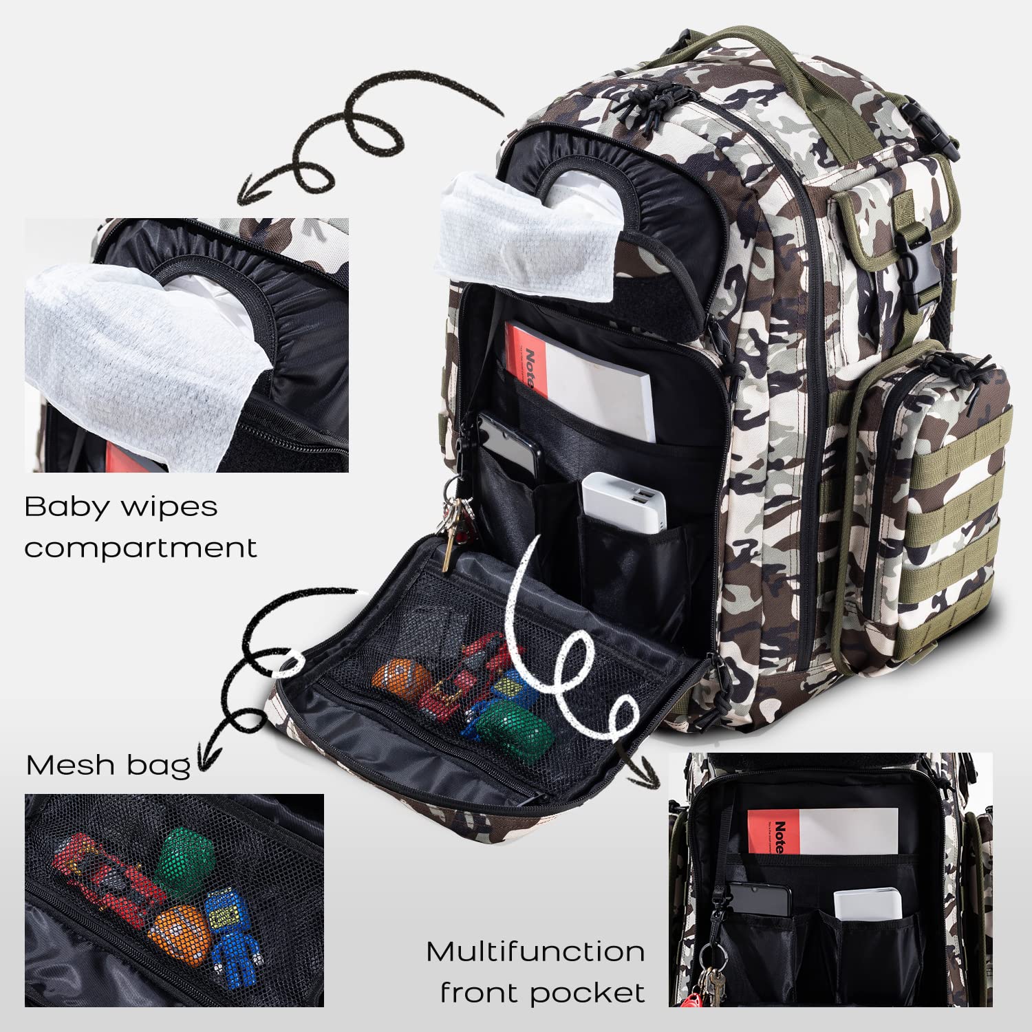 Dinictis - Bolsa de pañales para papá, mochila con cambiador de pañales, mochila militar con correas Molle, bolsa impermeable, bolsillo para toallitas para bebé, bolsillos aislados para botellas