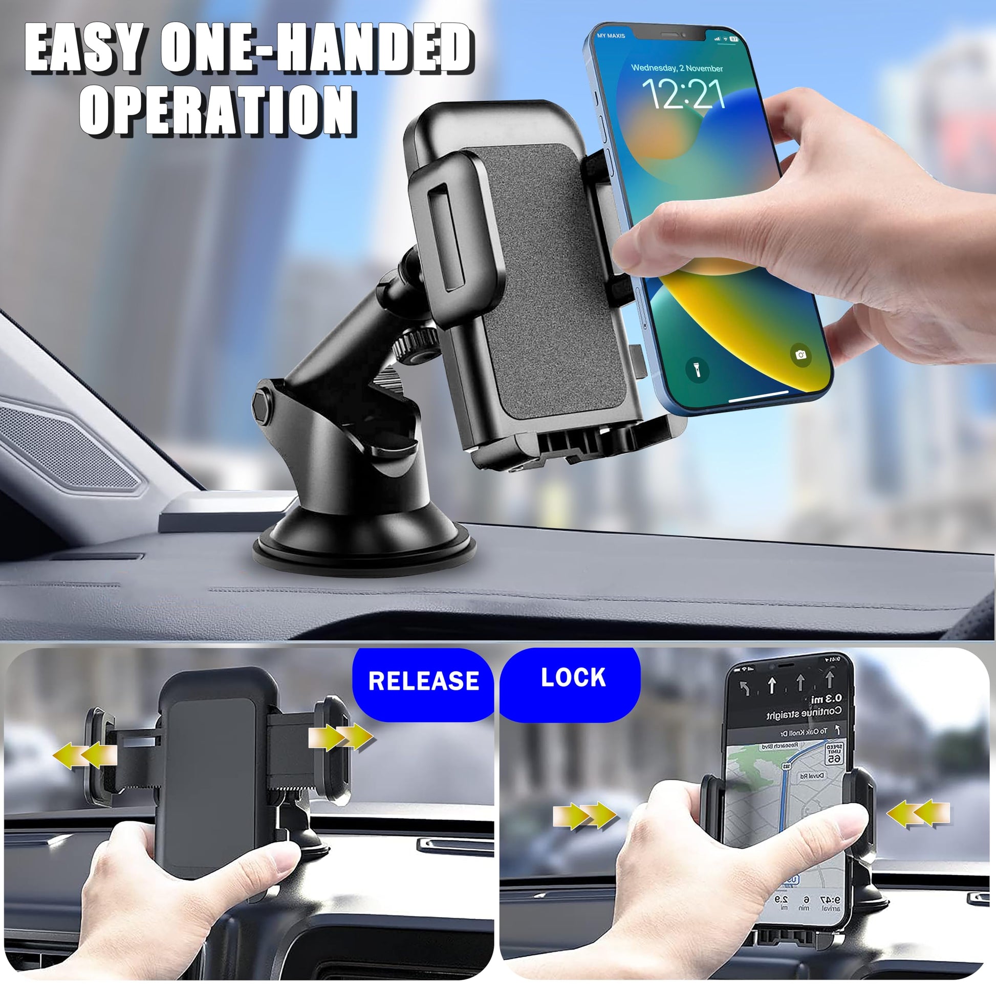 Soporte Celular Automóvil, Base de Ventosa para Parabrisas y Salpicadero, Compatible con iPhone, Motorola, Xiaomi, Huawei