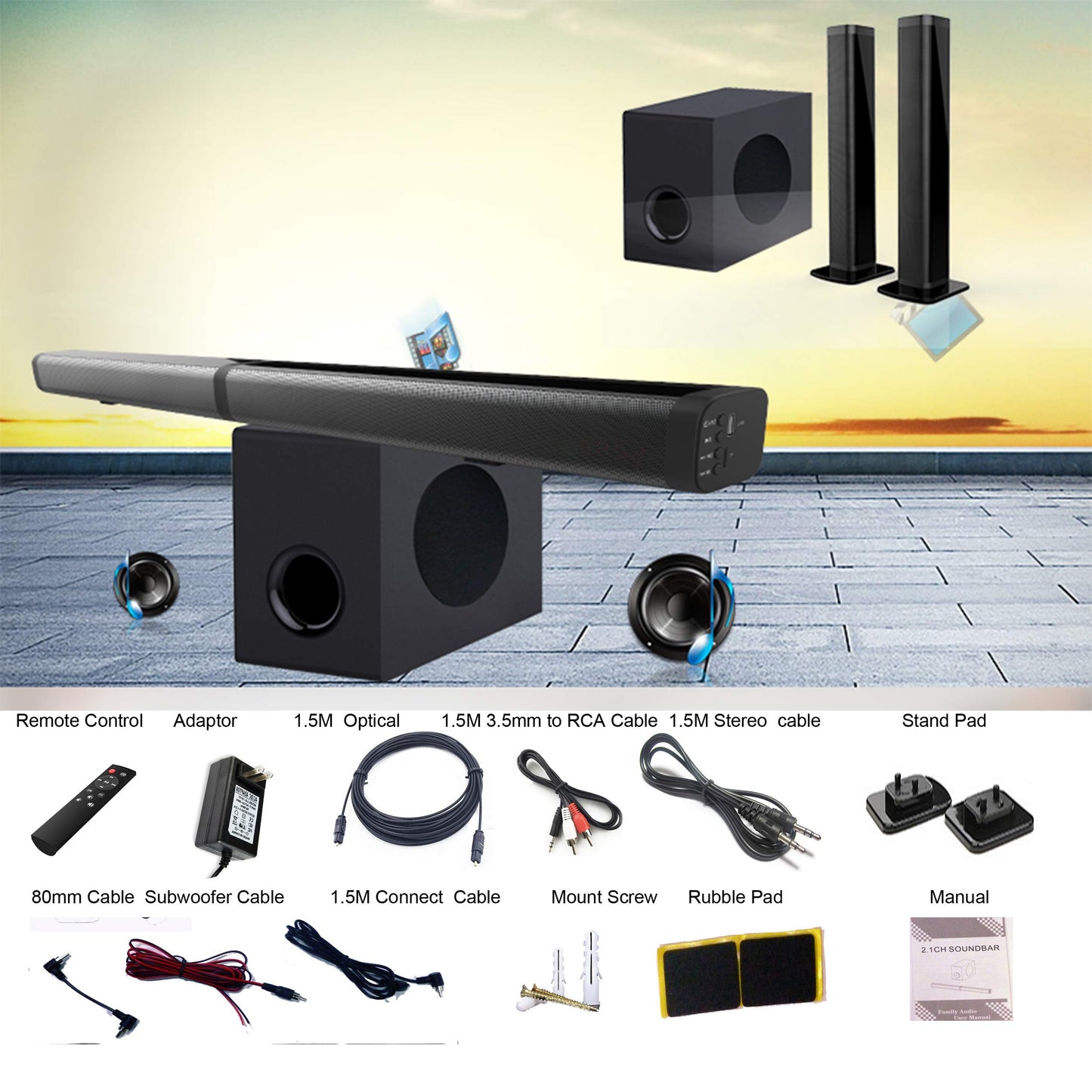 Barra de Sonido SAMTRONIC 2.1 Canales con Subwoofer Desmontable para TV de 37 Pulgadas y Juegos