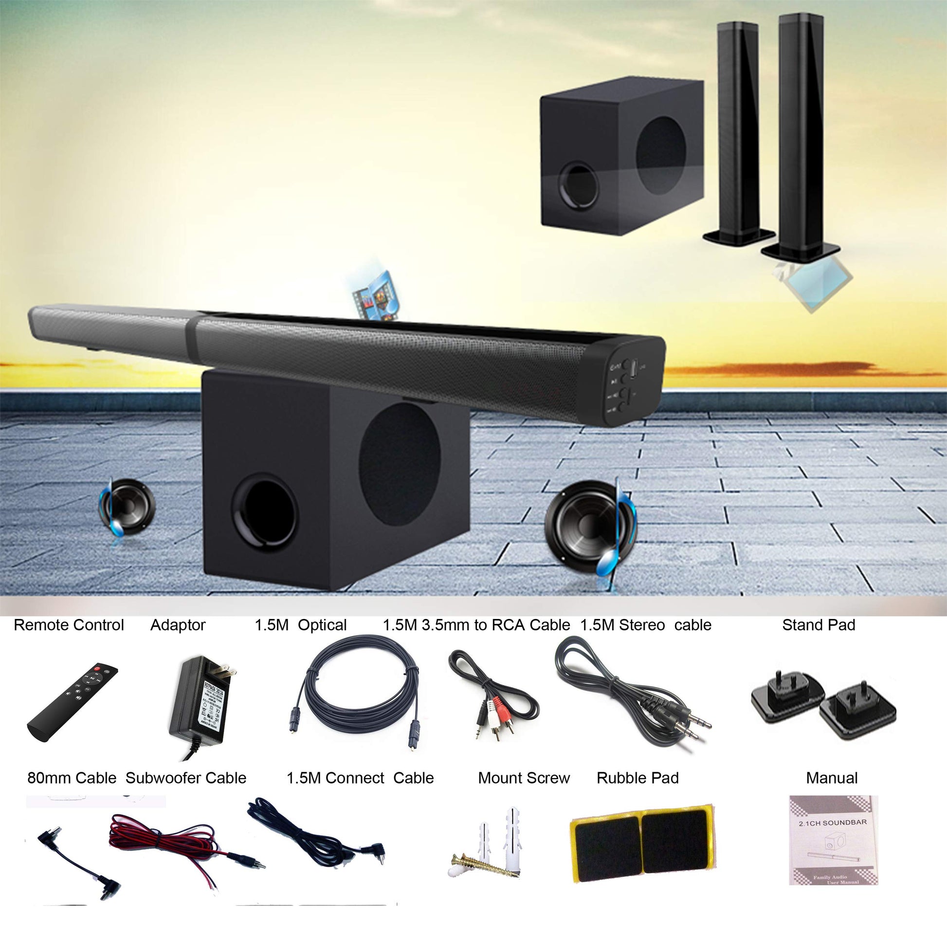 Barra de Sonido SAMTRONIC 2.1 Canales con Subwoofer Desmontable para TV de 37 Pulgadas y Juegos