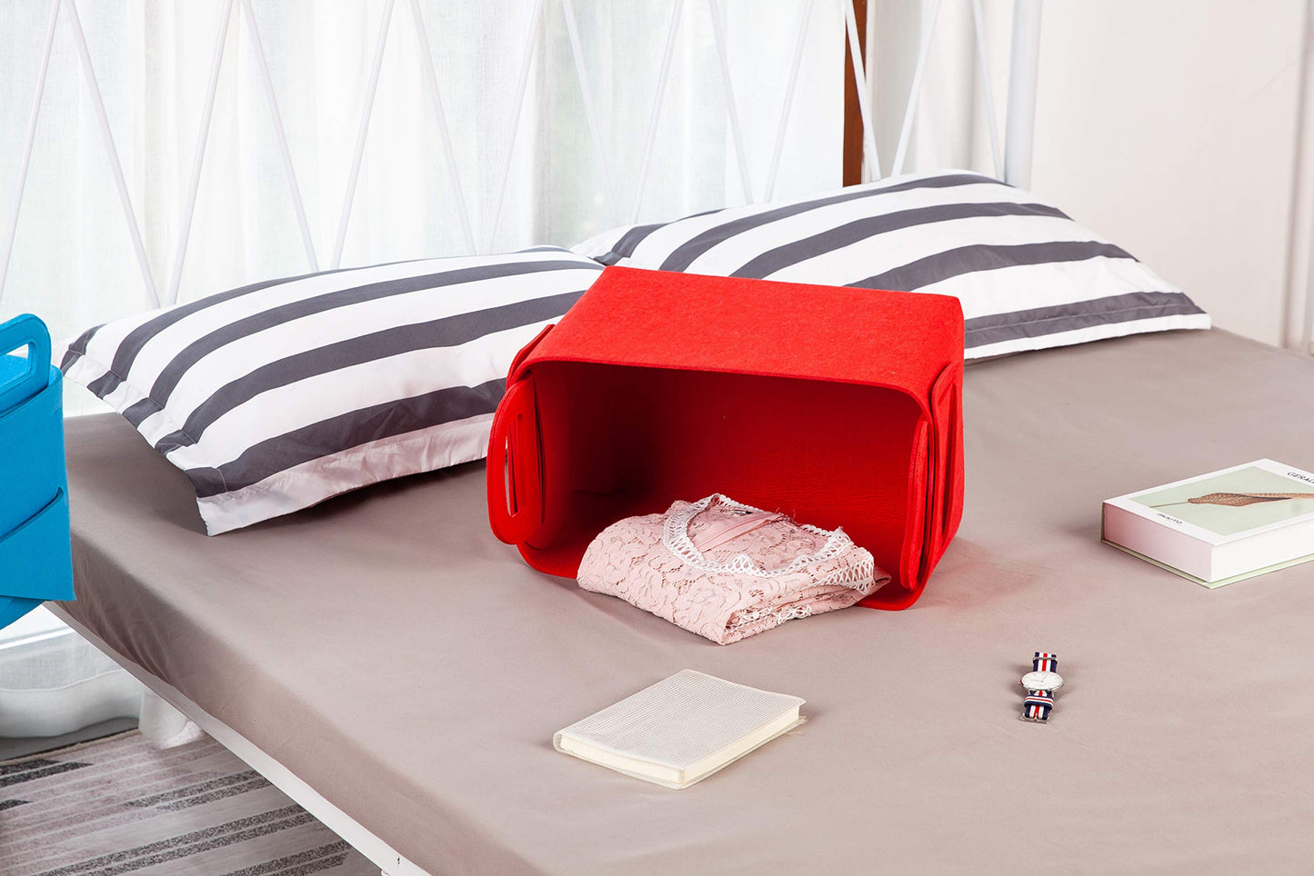 Minoisome - Cesta de almacenamiento de fieltro plegable y conveniente organizador con asas de transporte para oficina, recámara, clóset, bebés, guardería, juguetes de lavandería (rojo, 13.8 pulgadas
