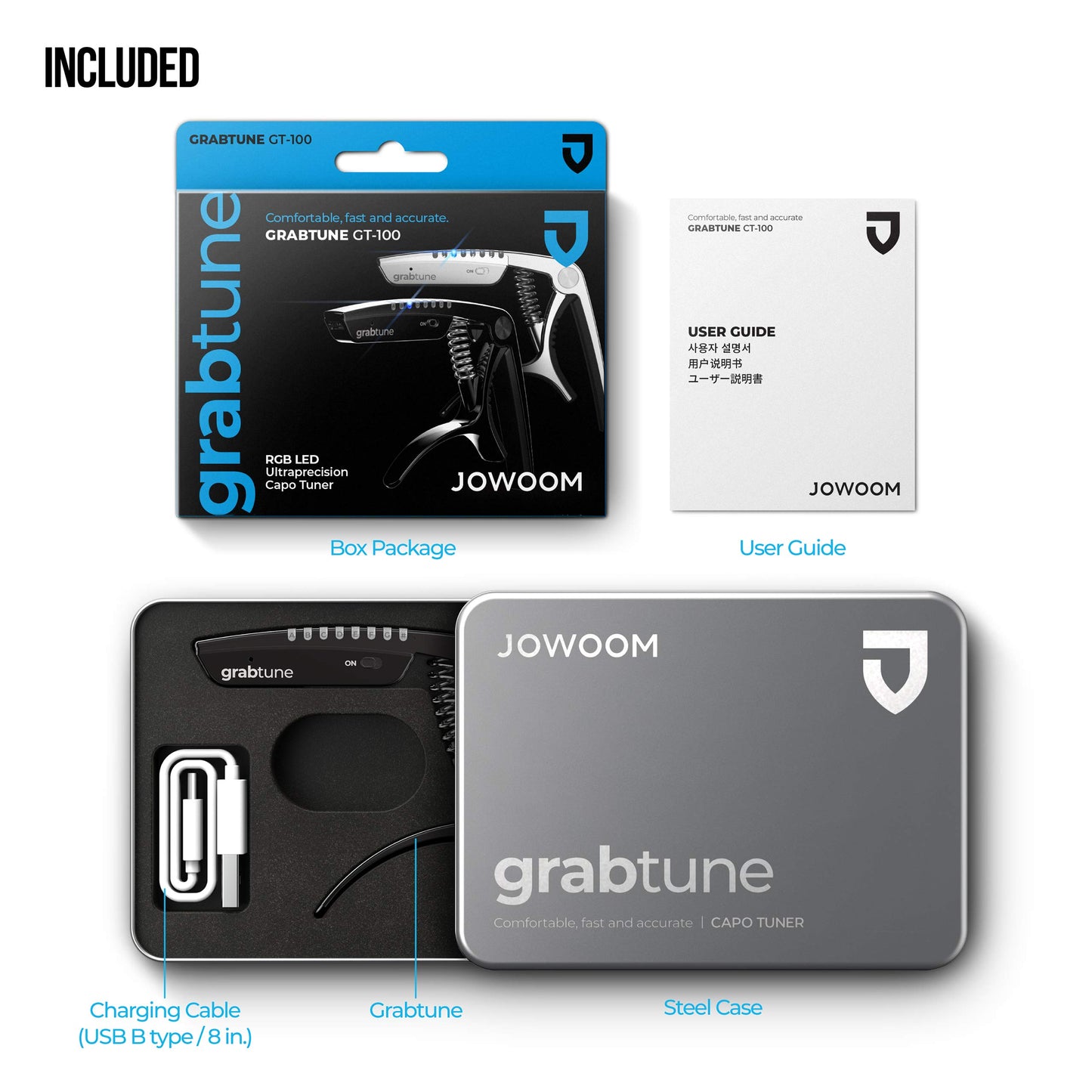 JOWOOM Grabtune - Afinador de guitarra acústica | Equipo 2 en 1 | Sistema de afinación preciso y preciso | visualización de iluminación LED a todo color | Batería recargable USB | chapado en cromo