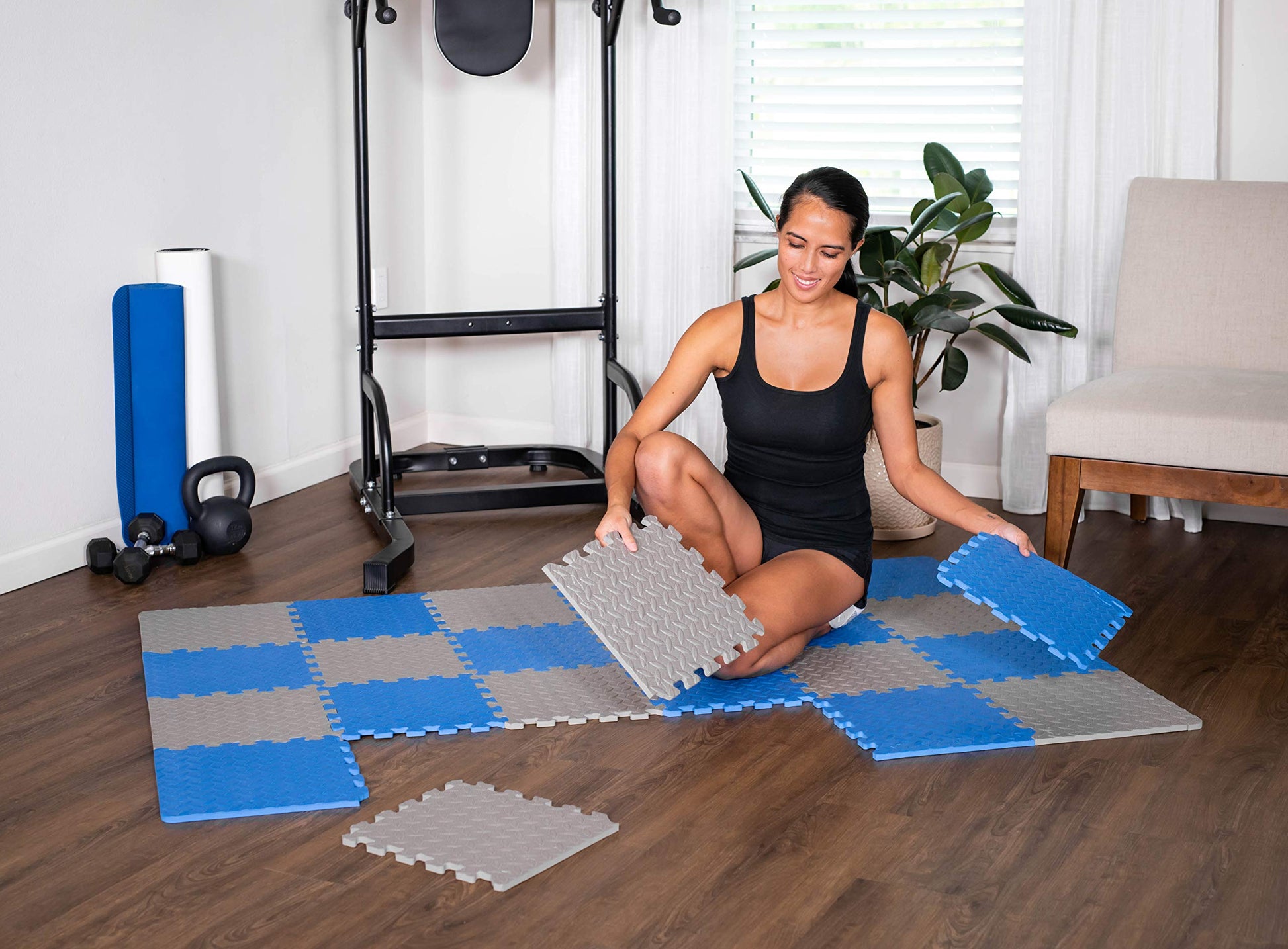 Alfombrilla Protectora de Suelos 9HORN Gris con Azulejos Entrelazados de Espuma EVA para Gimnasio y Yoga