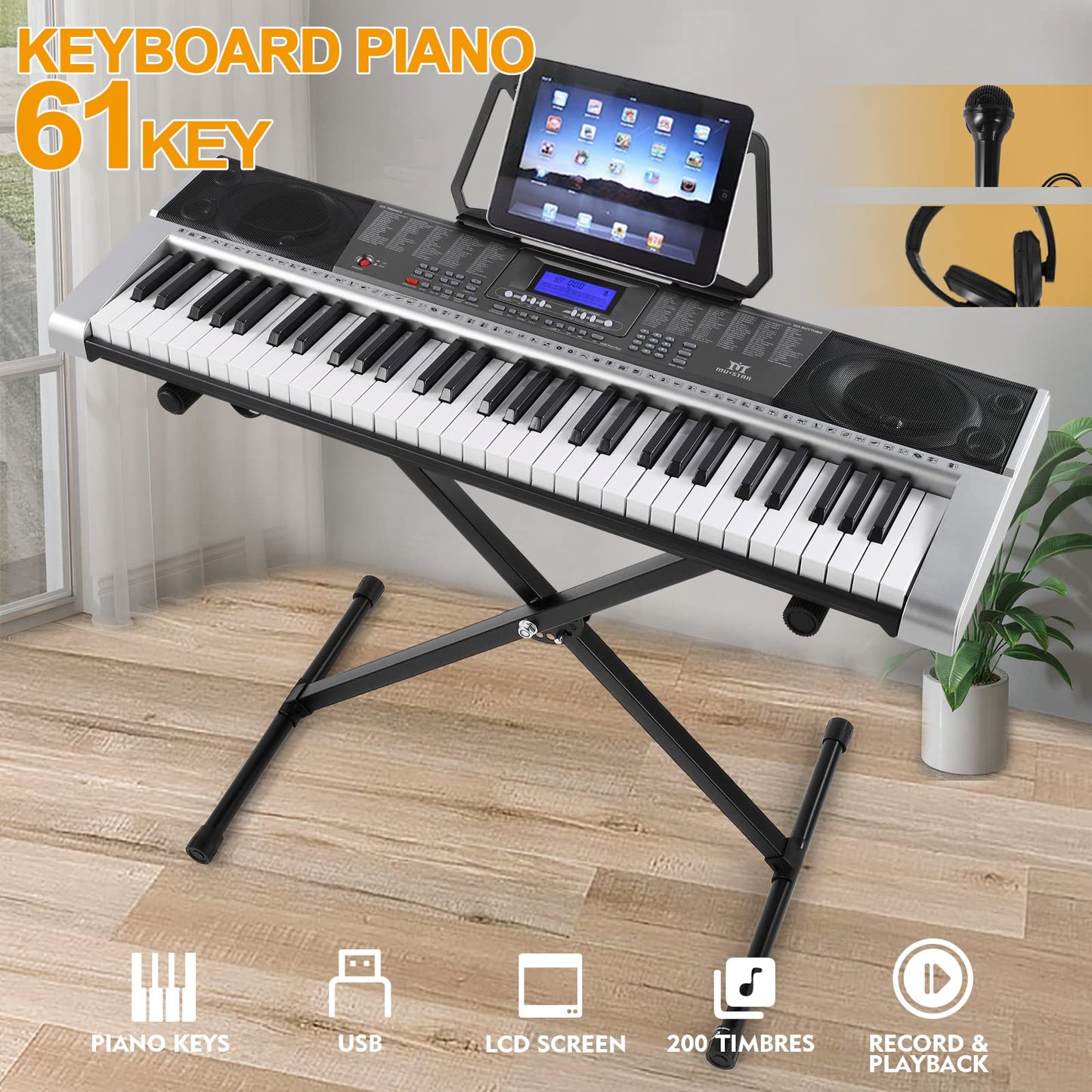 Teclado de Piano MUSTAR Negro 61 Teclas MEK-300 para Principiantes