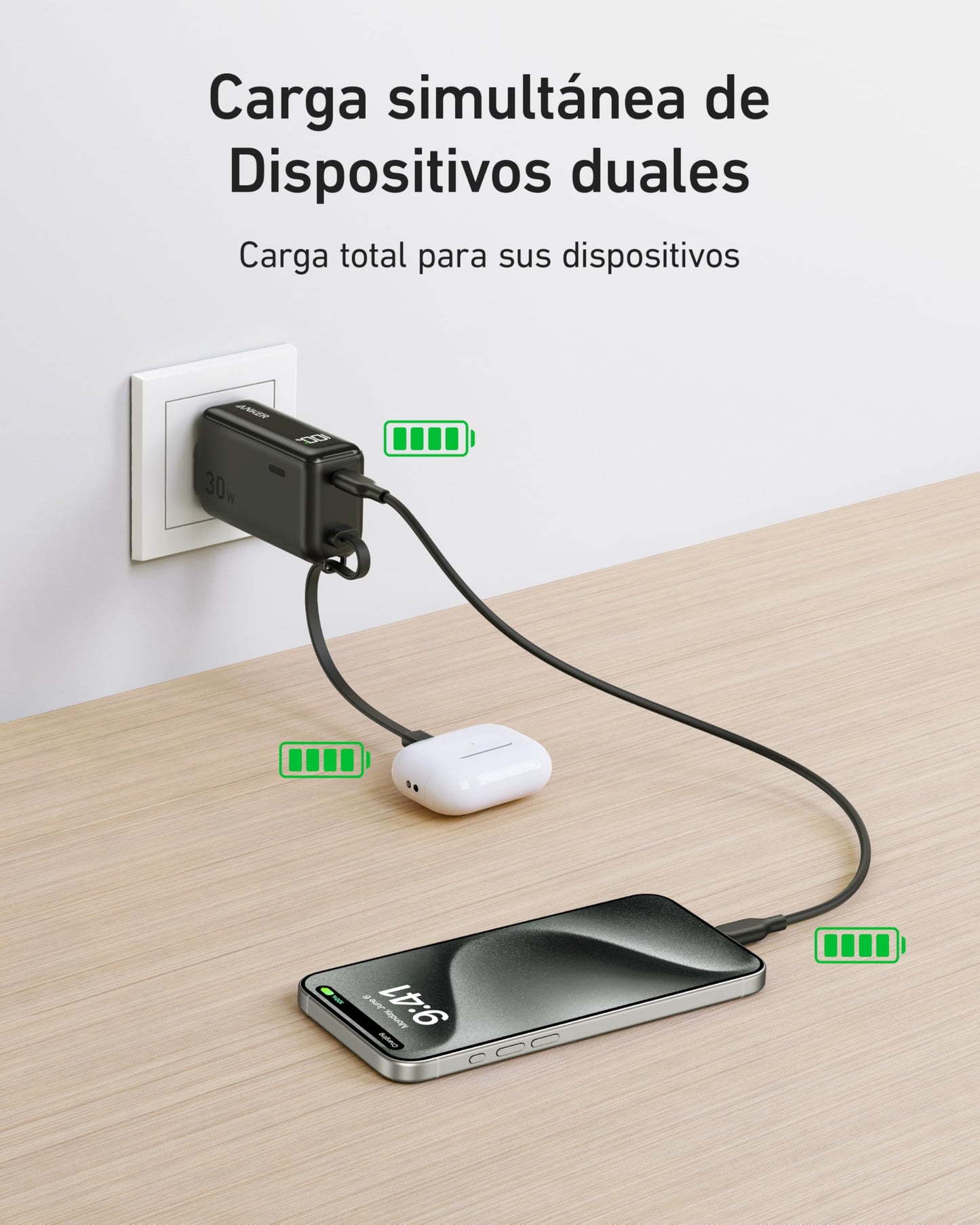 Power Bank Anker Negro 3 en 1 de 5,000 mAh con Cable USB-C y Enchufe Plegable para iPhone y Galaxy
