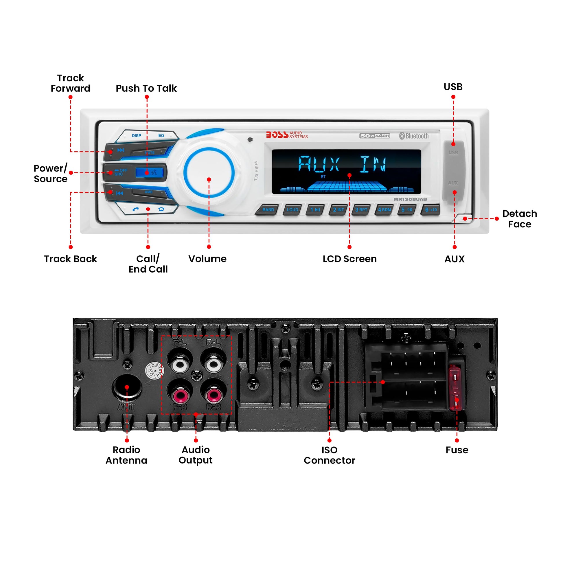 Boss Audio MR1308UAB In-Dash Single-DIN Detachable USB/SD/MP3 Player Receiver Bluetooth Streaming Bluetooth Hands-Free with Remote
