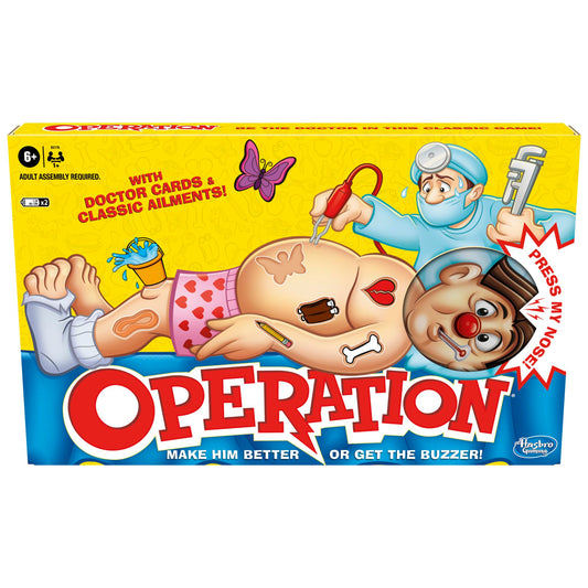 Hasbro Gaming, Operando Clásico, Juego de Mesa, Incluye 1 Tablero, 1 Pinzas y 13 Piezas Divertidas para Niños y Niñas de 6+ Años para 1 o más Jugadores, No Incluye Baterías