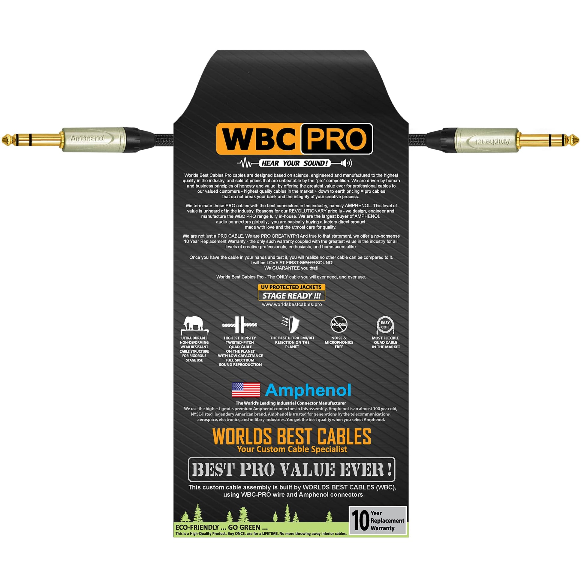 Cable TRS Estéreo WBC-PRO-Quad Negro Ultra Silencioso y Flexible con Conectores Amphenol Oro 6,35 mm Chamarra de Tweed
