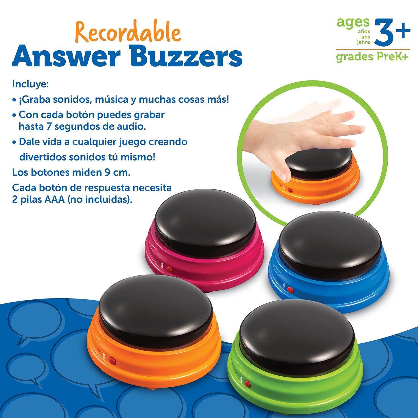 Learning Resources Recordable Answer Buzzers, Zumbadores para Juegos, Botones grabables, Perfecto para Noches de Juegos Familiares o Trivia, Set de 4, para Niños Mayores de 3 años
